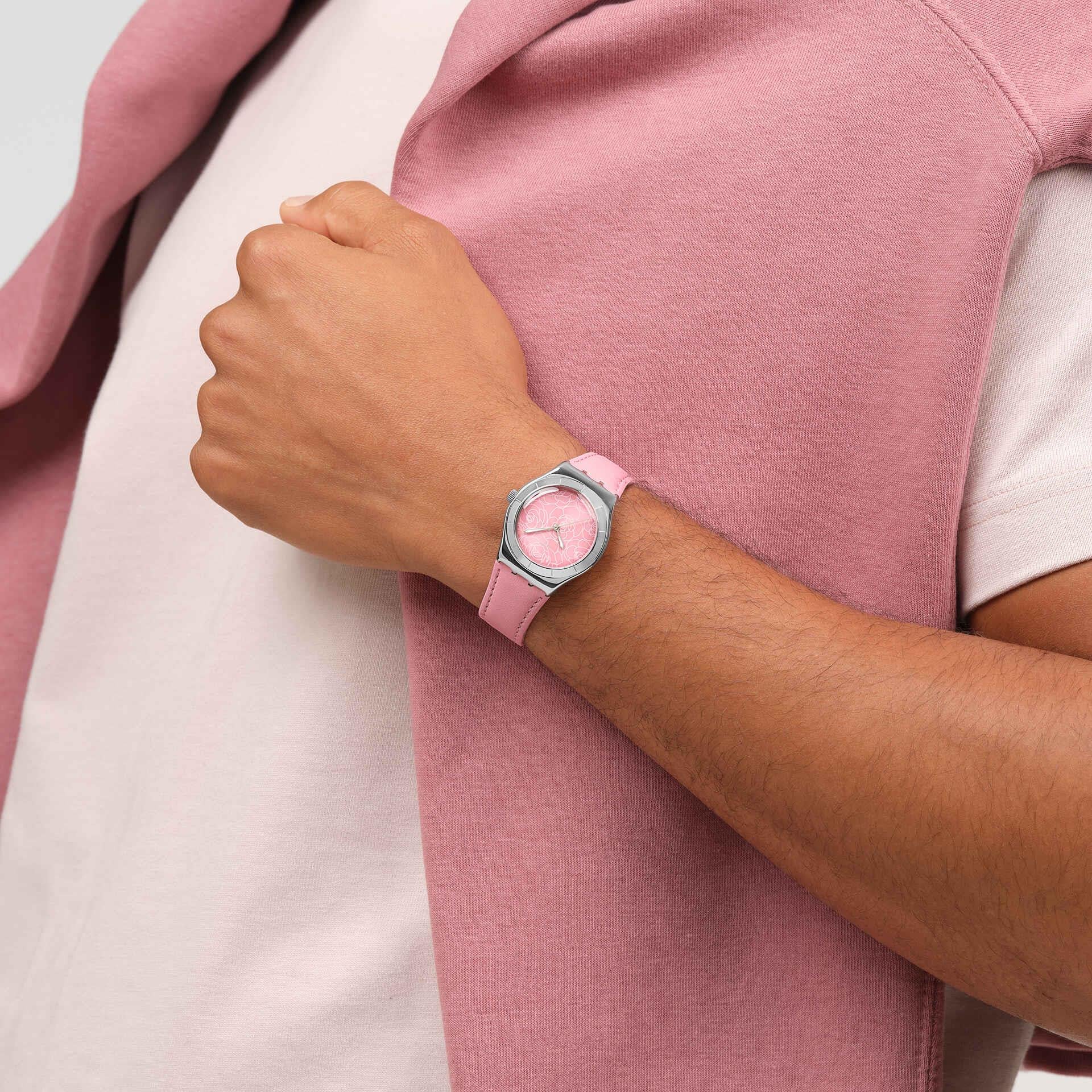 Swatch Pink Petal Promise Pink Dial Leather Strap Unisex Watch YLS234