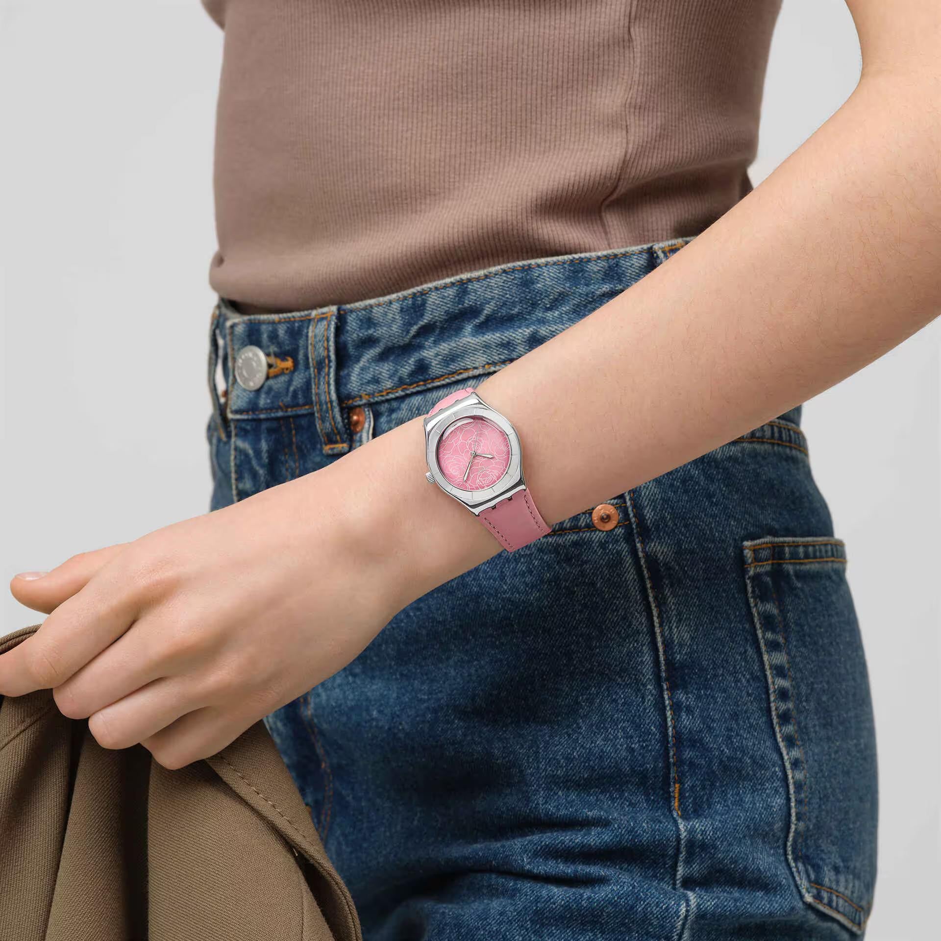 Swatch Pink Petal Promise Pink Dial Leather Strap Unisex Watch YLS234