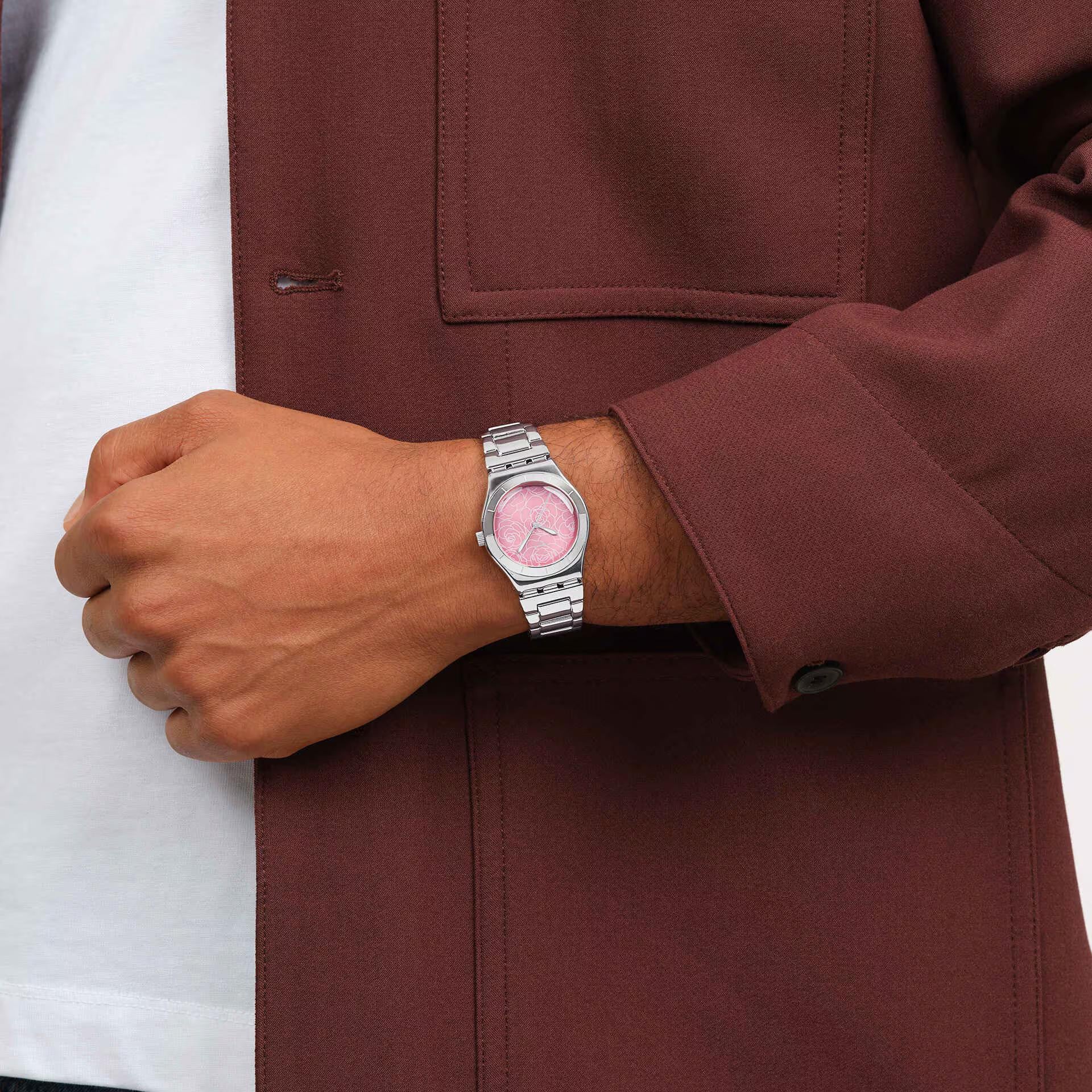 Swatch Petal Charm Pink Dial Stainless Steel Strap Unisex Watch YLS234G