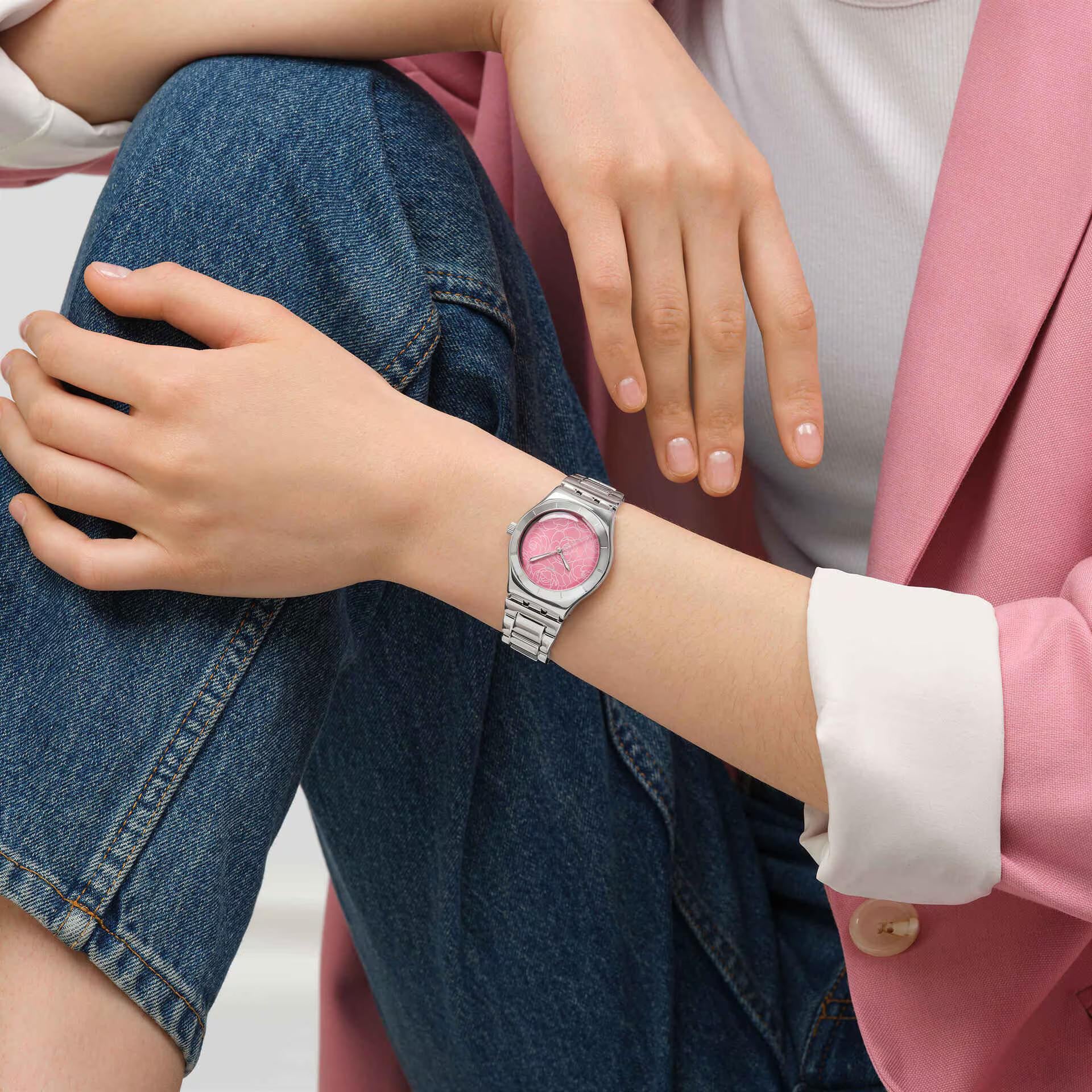 Swatch Petal Charm Pink Dial Stainless Steel Strap Unisex Watch YLS234G