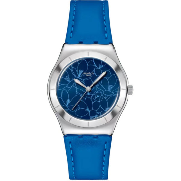 Swatch Blue Petal Promise Blue Dial Leather Strap Unisex Watch YLS235