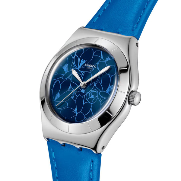 Swatch Blue Petal Promise Blue Dial Leather Strap Unisex Watch YLS235