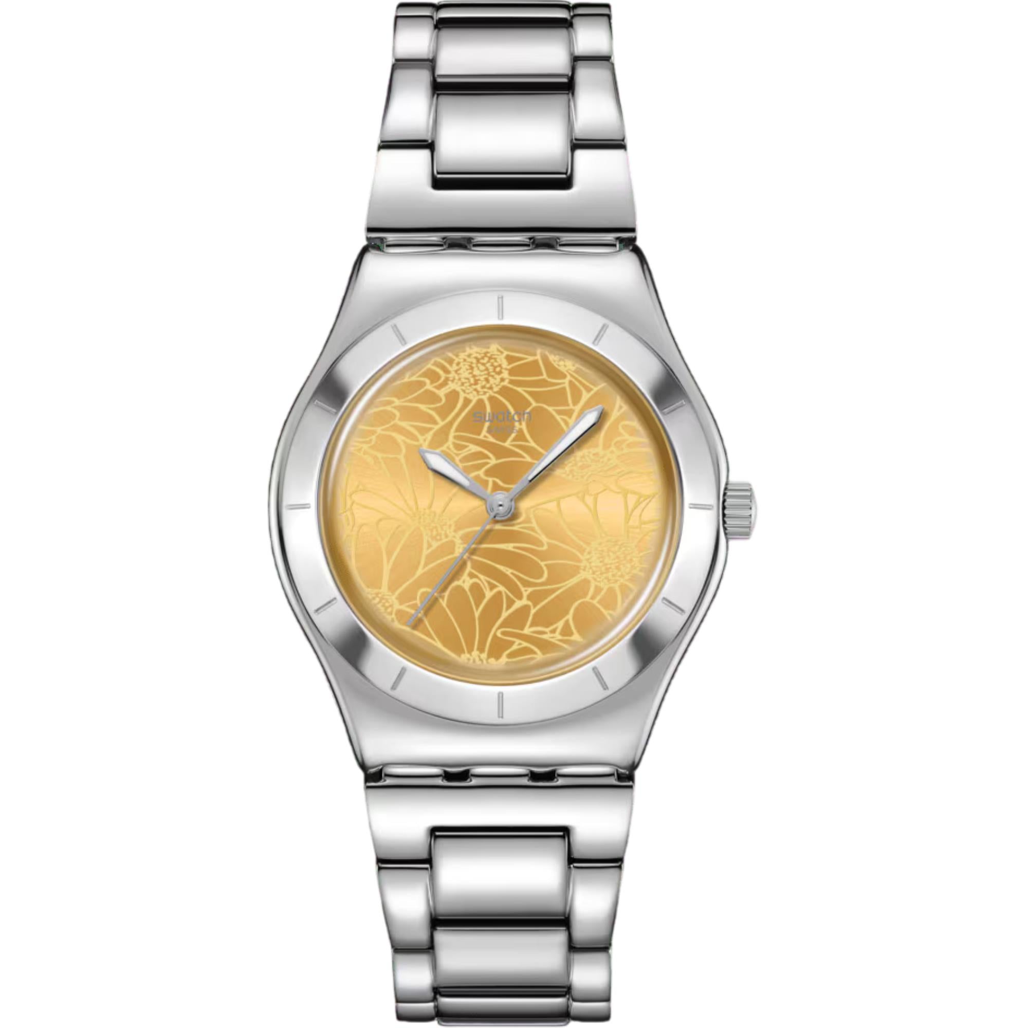 Swatch Petal Swirl Yellow Dial Stainless Steel Strap Unisex Watch YLS236G