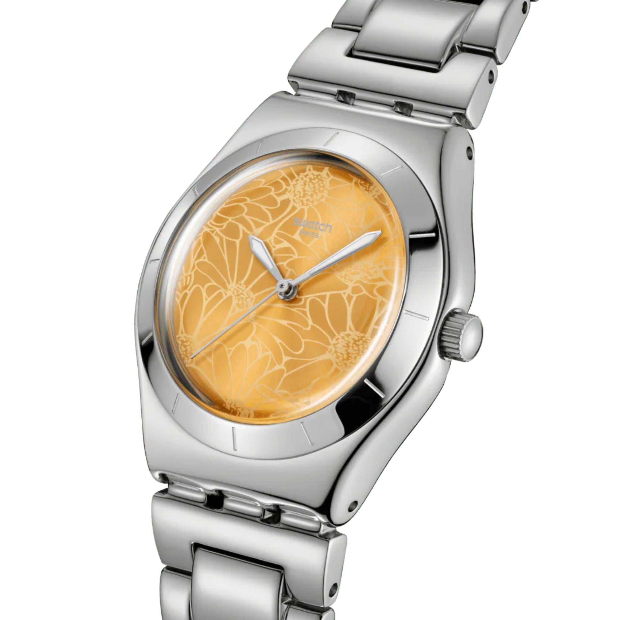 Swatch Petal Swirl Yellow Dial Stainless Steel Strap Unisex Watch YLS236G