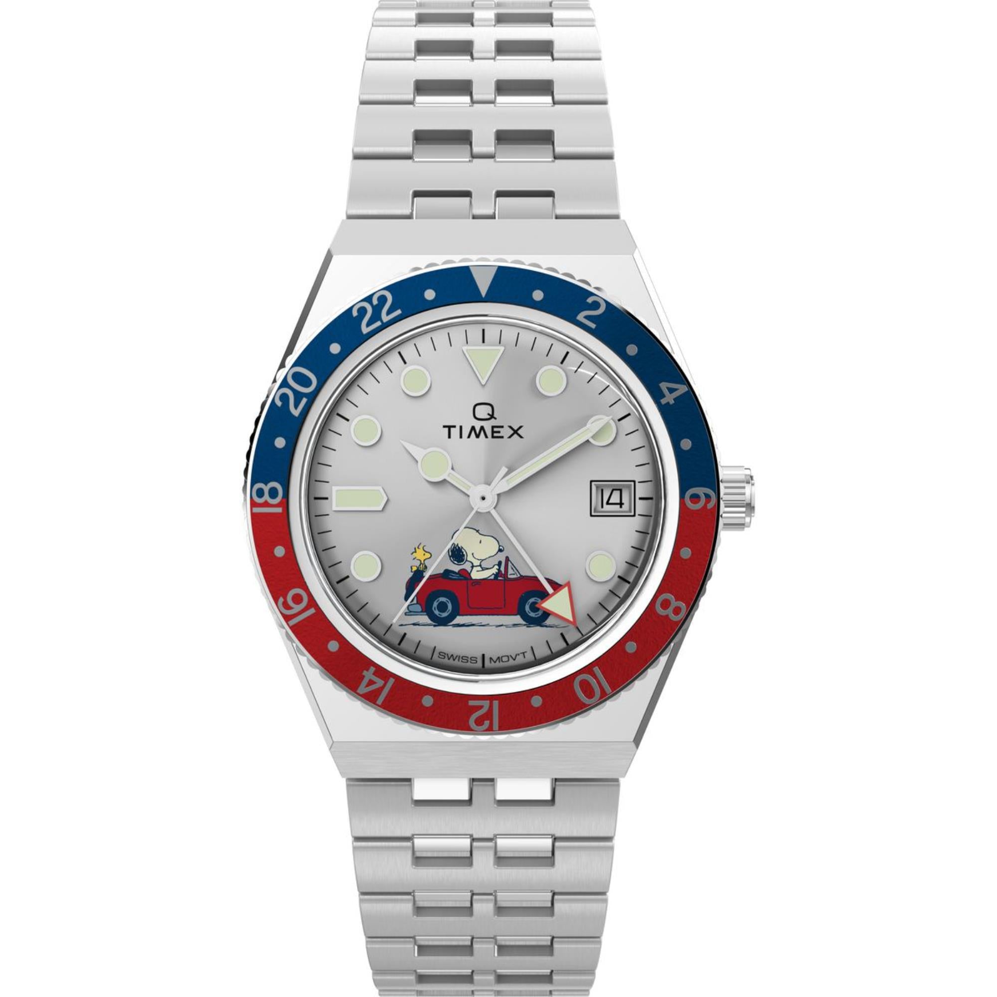 Timex x Peanuts Q Timex GMT Silver-Tone Stainless Steel Strap Men's Watch TW2W83300