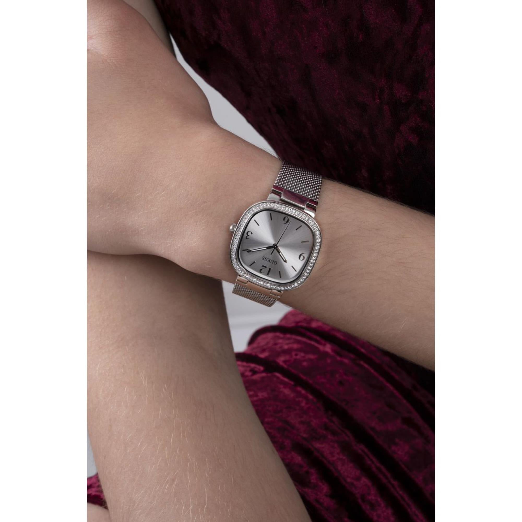 Guess Tapestry Rounded Square Silver Dial Stainless Steel Strap Women's Watch GW0354L1