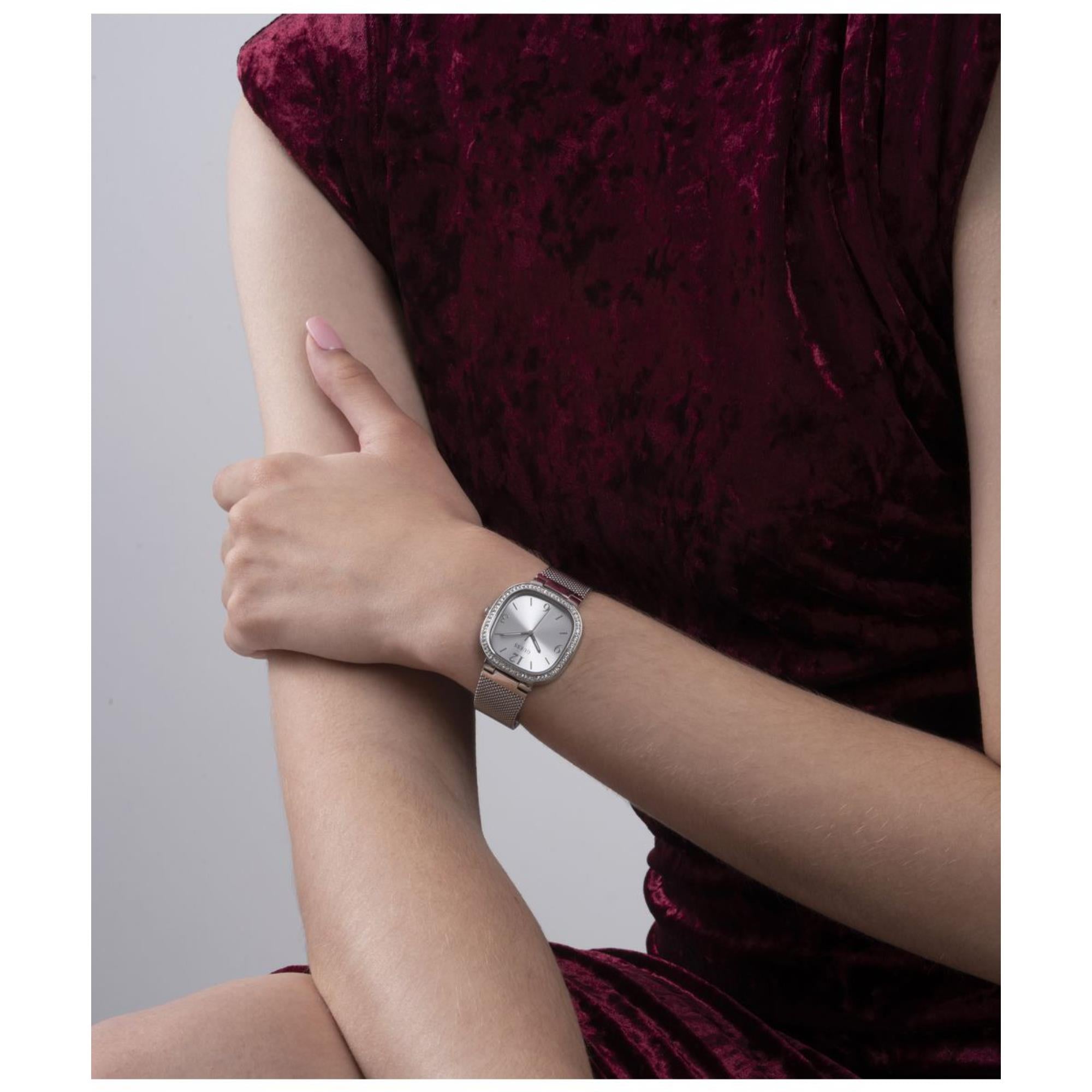 Guess Tapestry Rounded Square Silver Dial Stainless Steel Strap Women's Watch GW0354L1