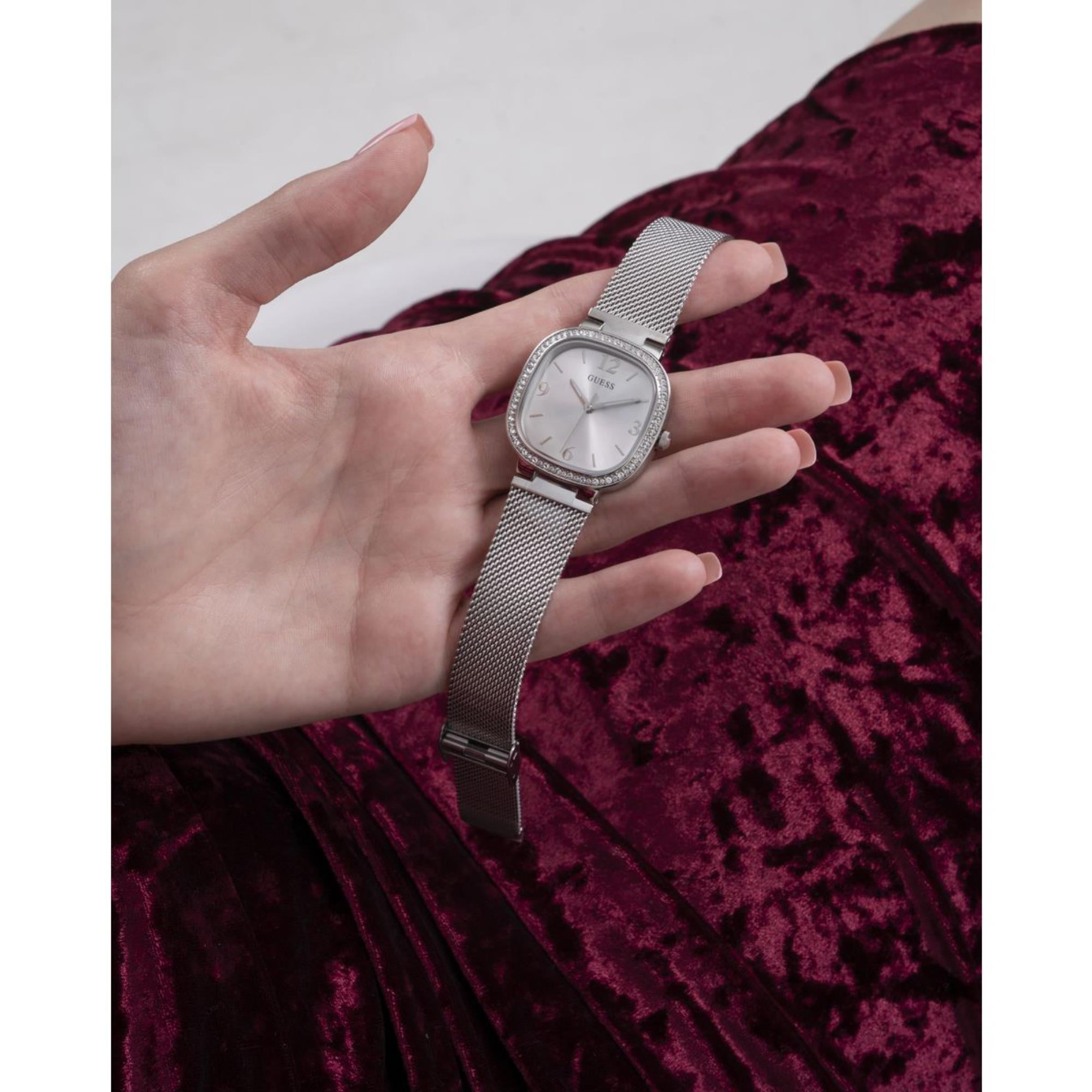 Guess Tapestry Rounded Square Silver Dial Stainless Steel Strap Women's Watch GW0354L1
