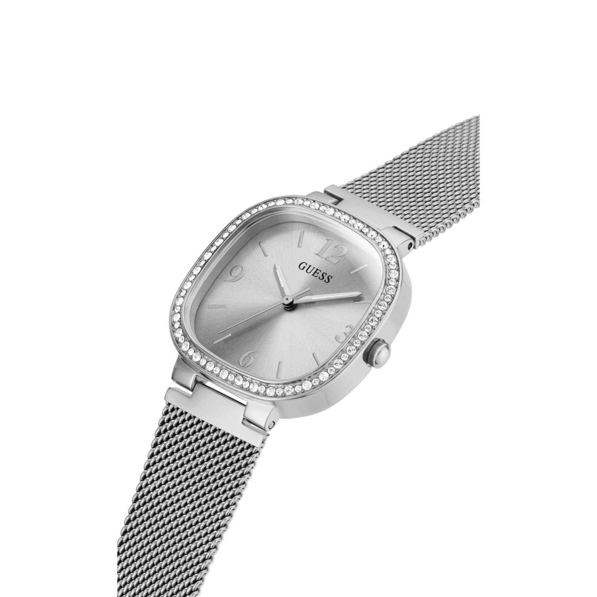 Guess Tapestry Rounded Square Silver Dial Stainless Steel Strap Women's Watch GW0354L1