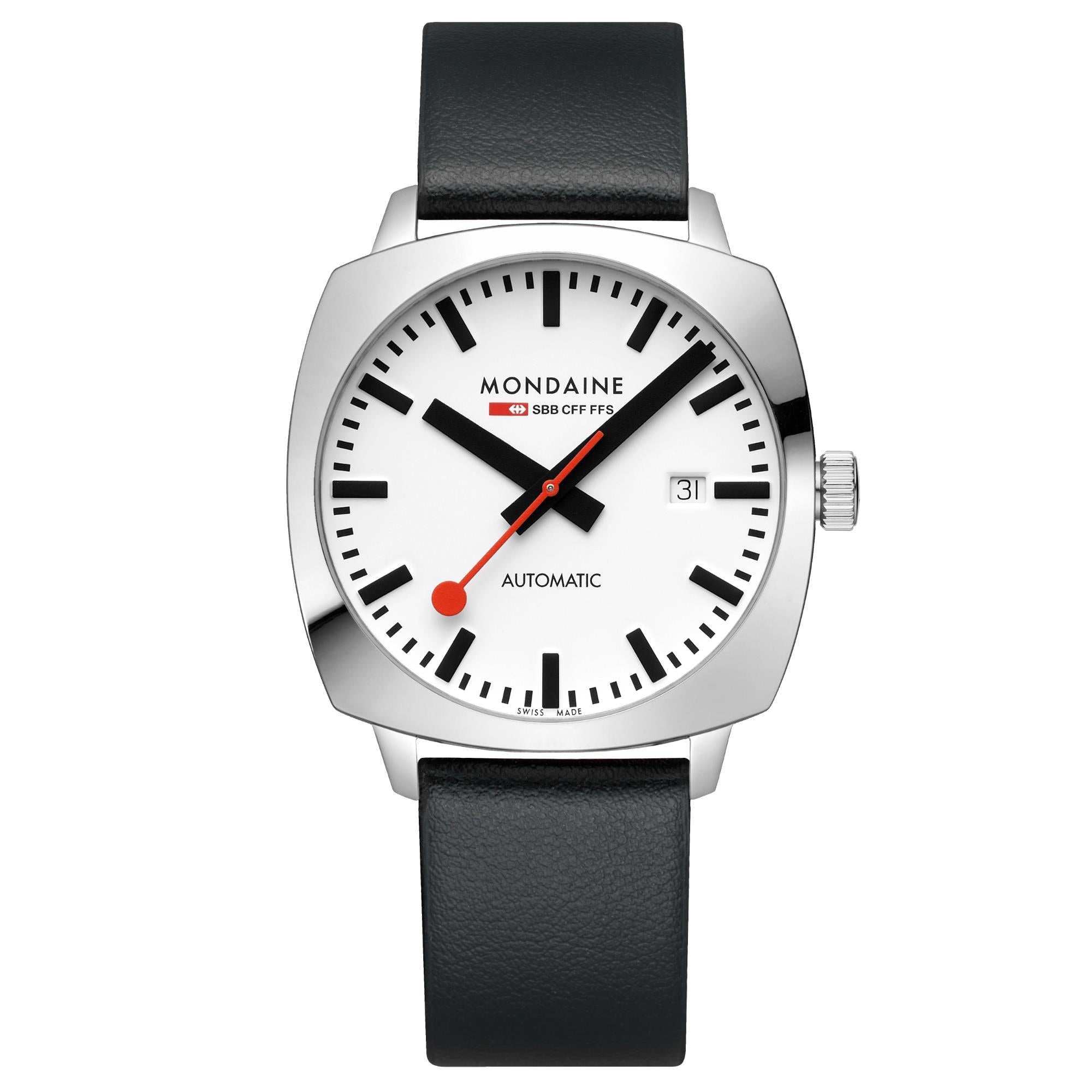 Mondaine Cushion White Dial Vegan Grape Leather Strap Men's Watch MSL.3961B.LBV