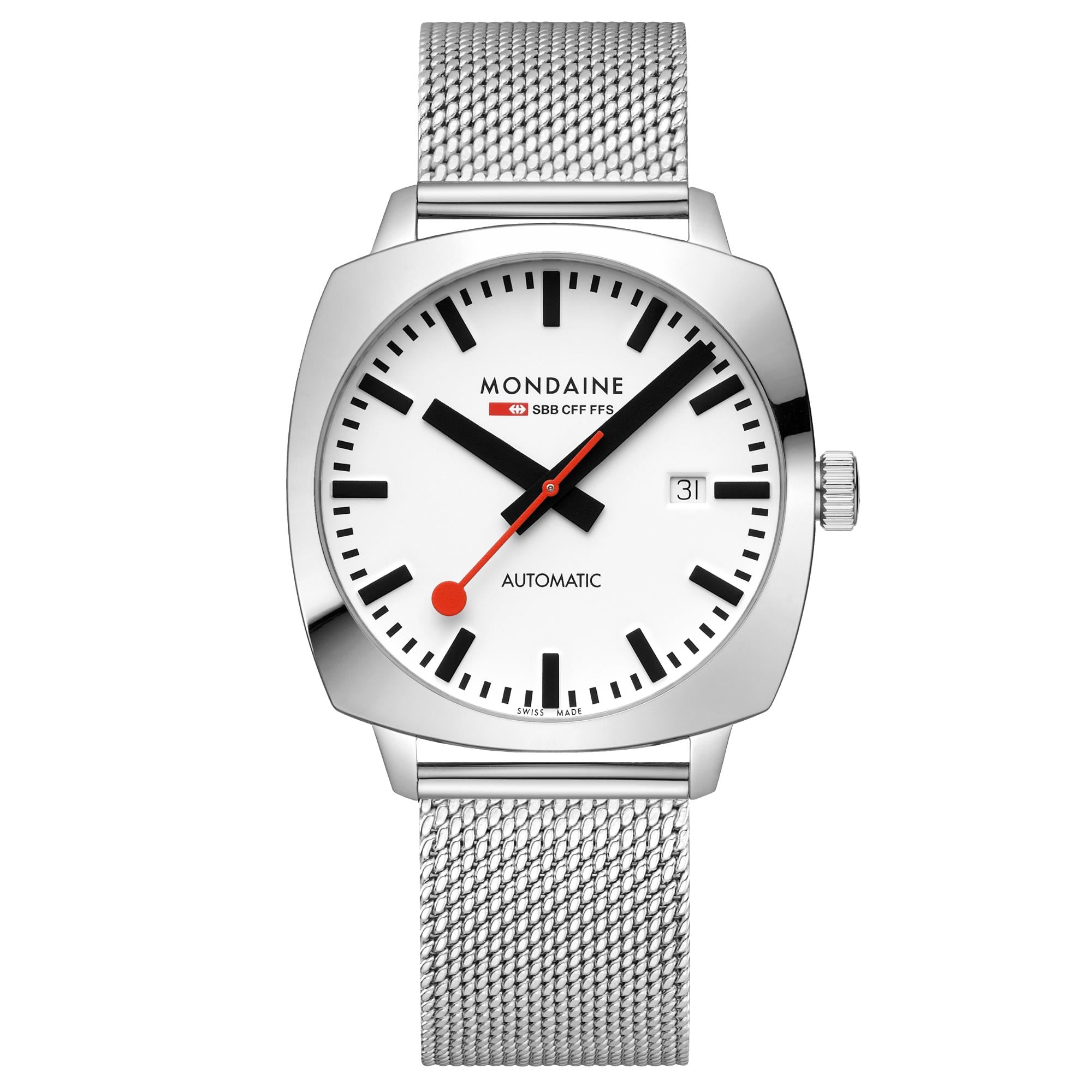 Mondaine Cushion White Dial Stainless Steel Strap Men's Watch MSL.3961B.SM