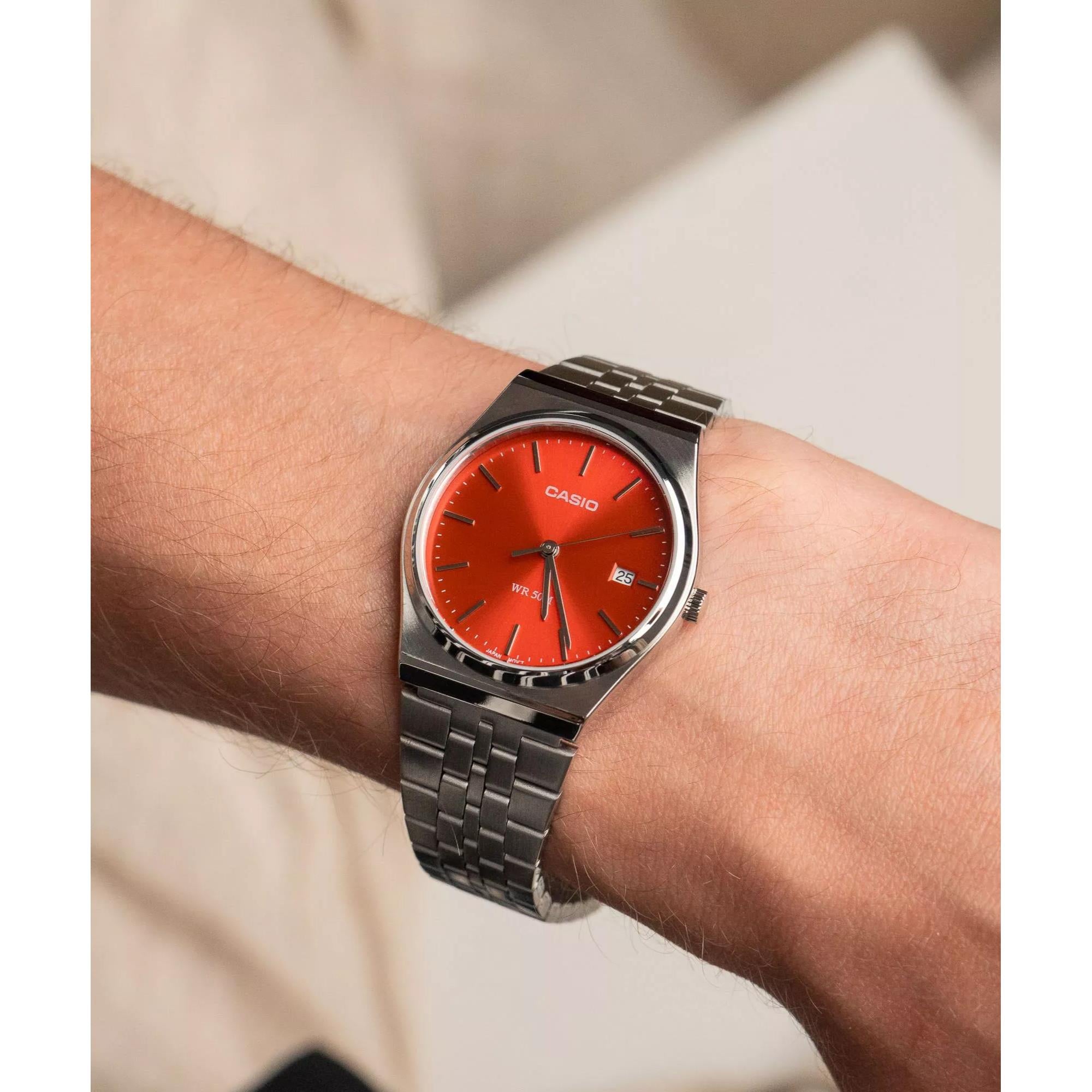 Casio MTP Series Standard Red Dial Stainless Steel Strap Men's Watch MTP-B145D-4A2VEF