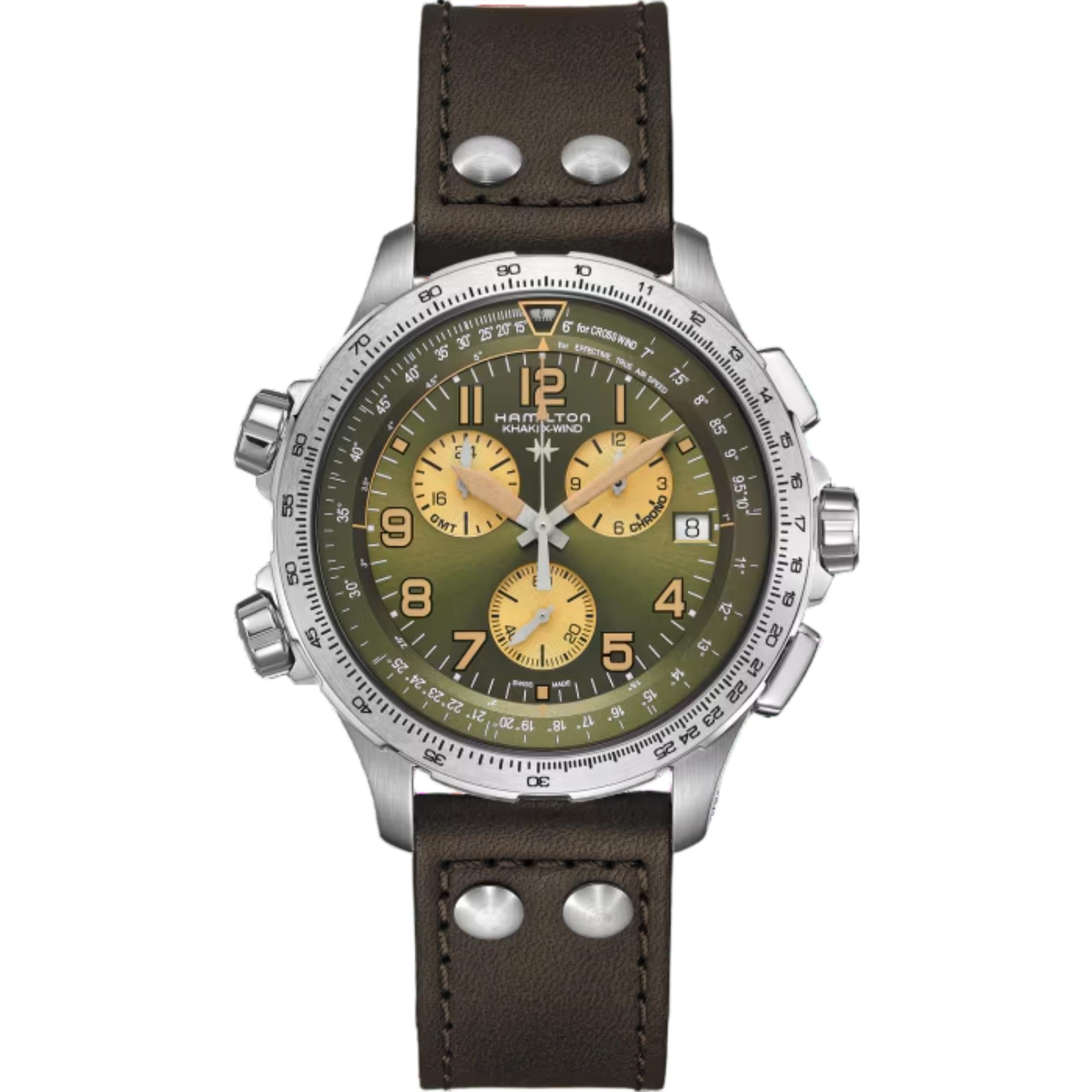 Hamilton Khaki Aviation X-Wind GMT Quartz Green Dial Leather Strap Men's Watch H77932560