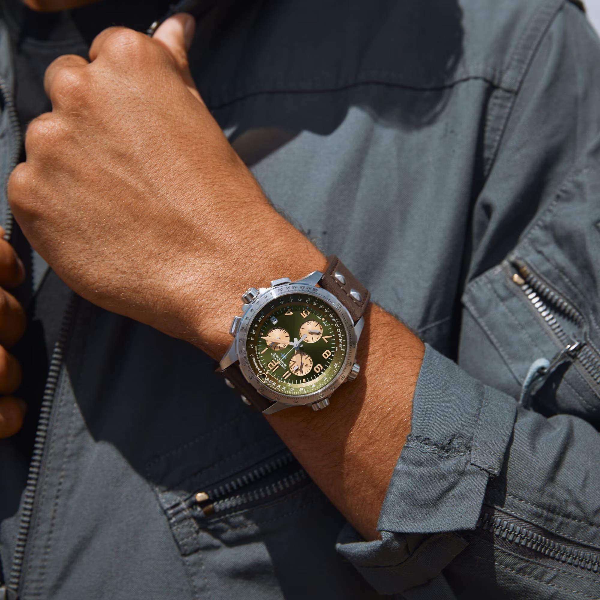 Hamilton Khaki Aviation X-Wind GMT Quartz Green Dial Leather Strap Men's Watch H77932560