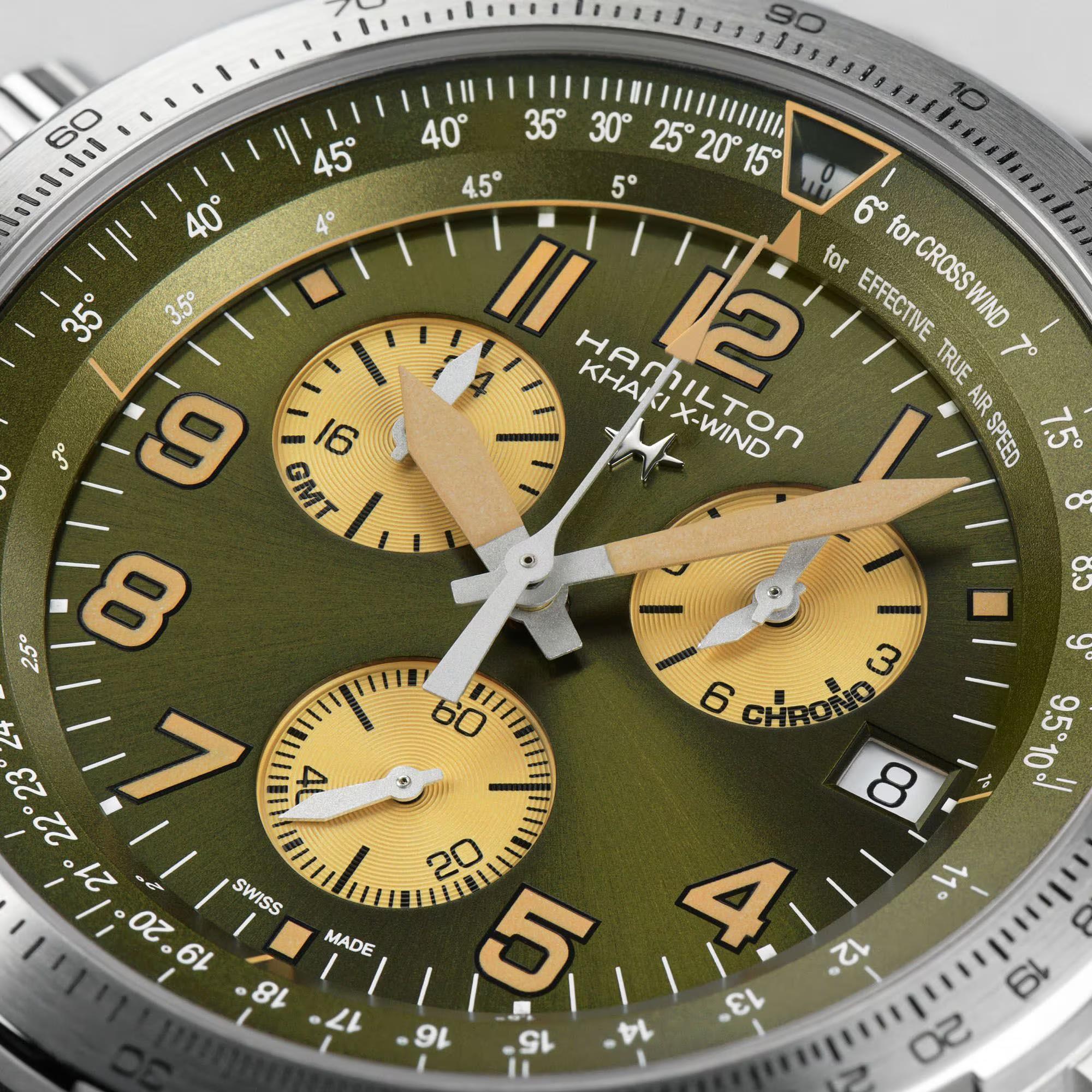 Hamilton Khaki Aviation X-Wind GMT Quartz Green Dial Leather Strap Men's Watch H77932560