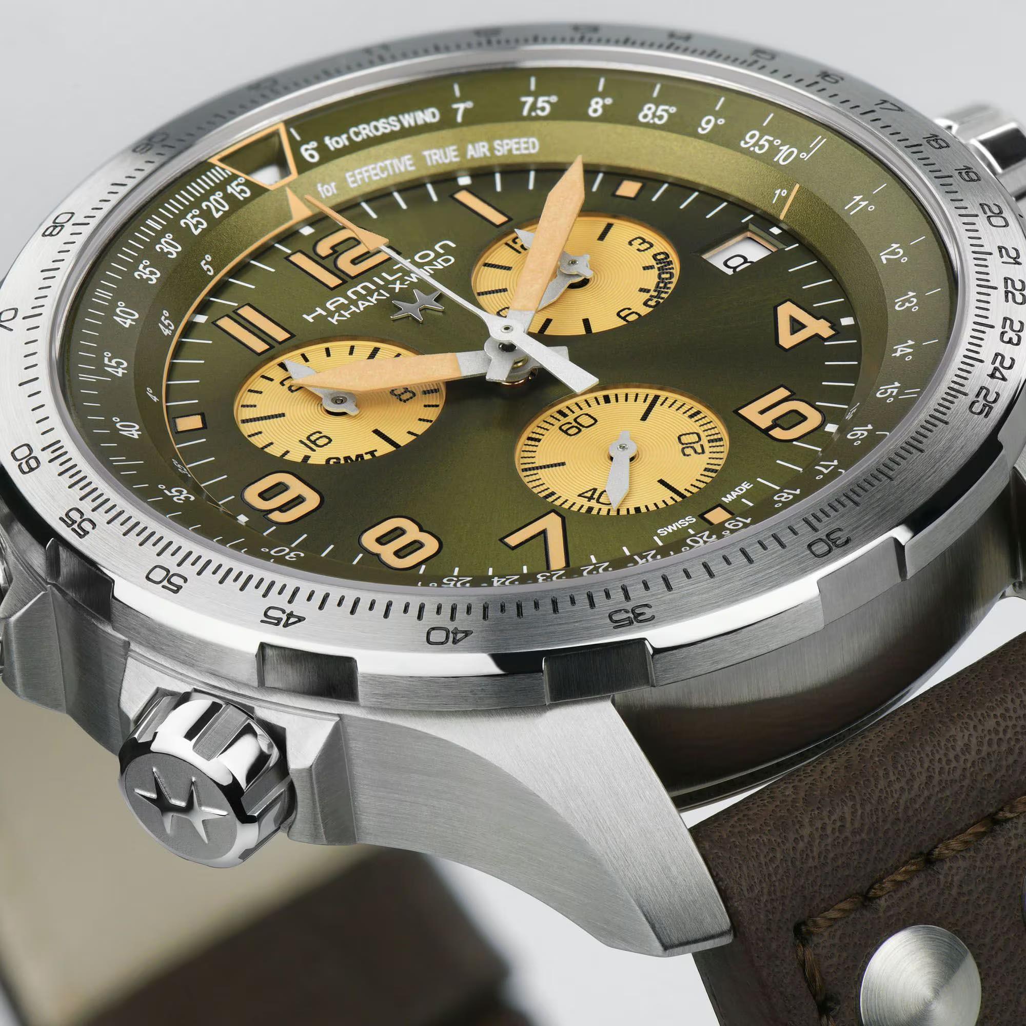 Hamilton Khaki Aviation X-Wind GMT Quartz Green Dial Leather Strap Men's Watch H77932560