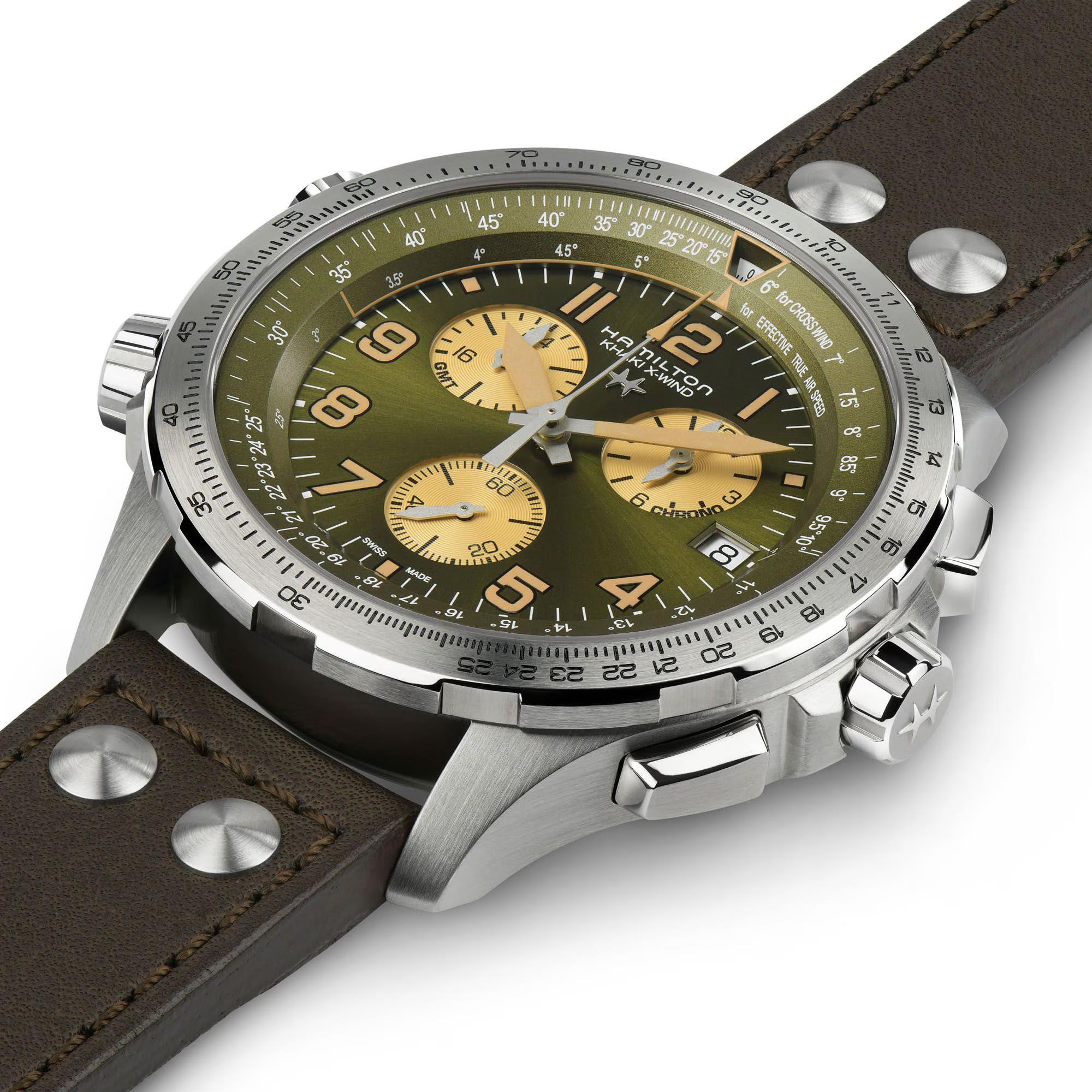 Hamilton Khaki Aviation X-Wind GMT Quartz Green Dial Leather Strap Men's Watch H77932560