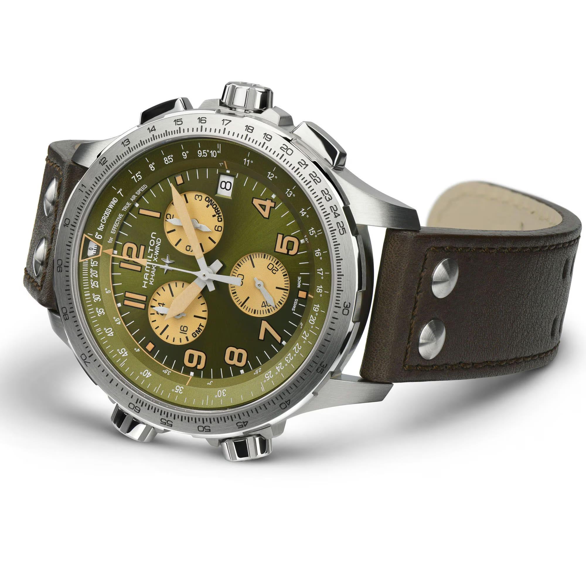 Hamilton Khaki Aviation X-Wind GMT Quartz Green Dial Leather Strap Men's Watch H77932560