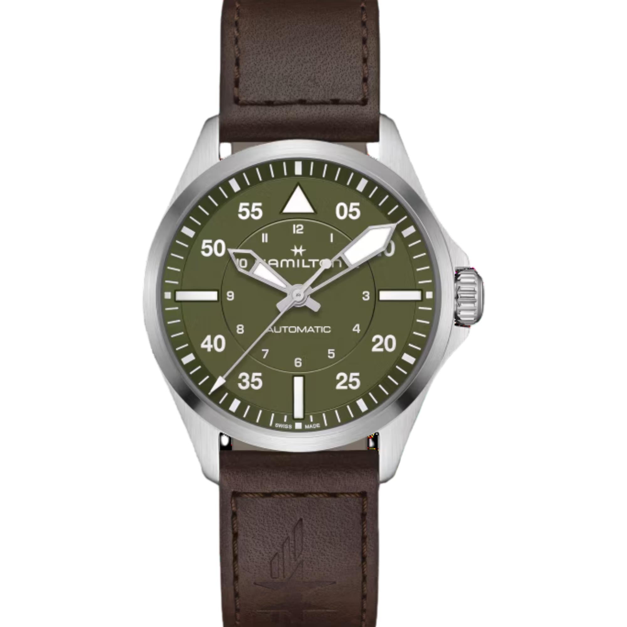 Hamilton Khaki Aviation Pilot Automatic Green Dial Leather Strap Men's Watch H76305560