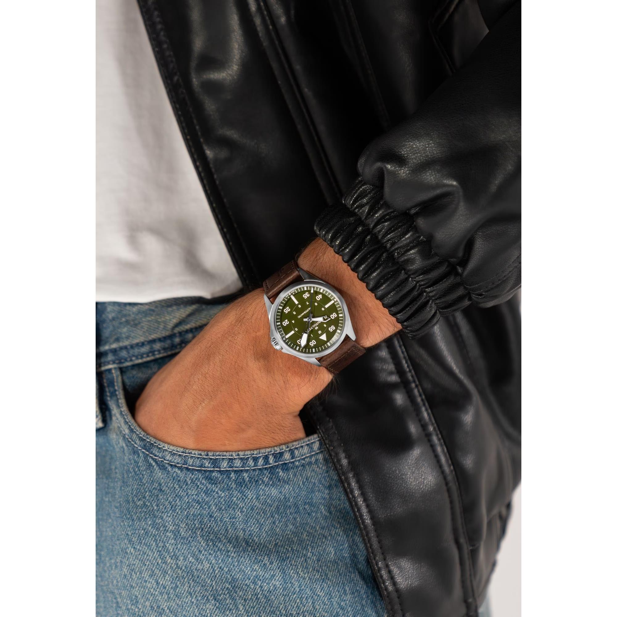 Hamilton Khaki Aviation Pilot Automatic Green Dial Leather Strap Men's Watch H76305560