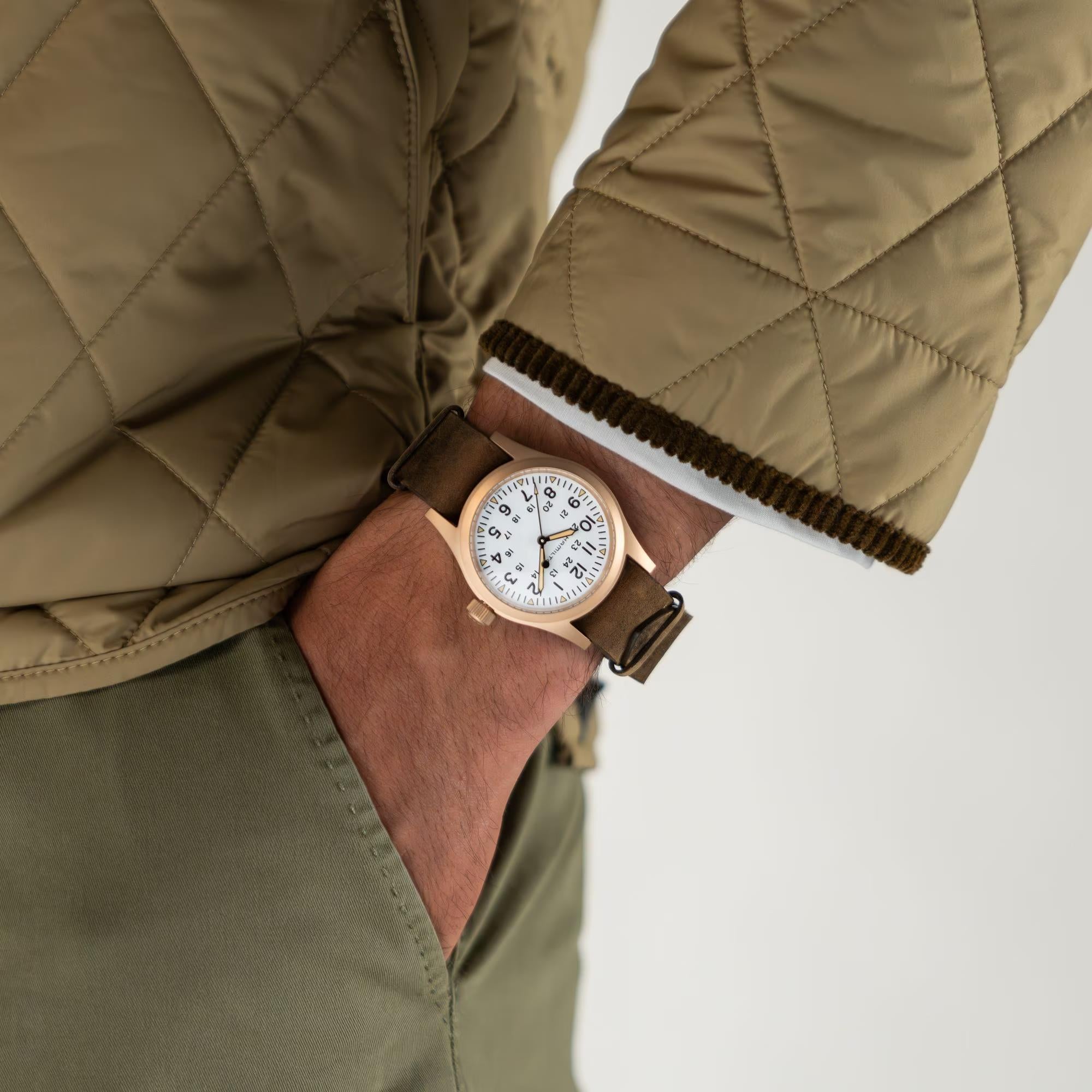 Hamilton Khaki Field Mechanical Bronze White Dial Leather Strap Unisex Watch H69459510