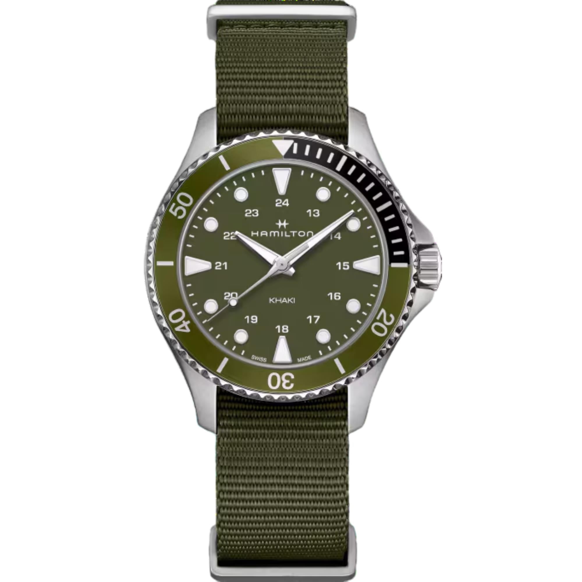 Hamilton Khaki Navy Scuba Quartz Green Dial NATO Strap Unisex Watch H82241961