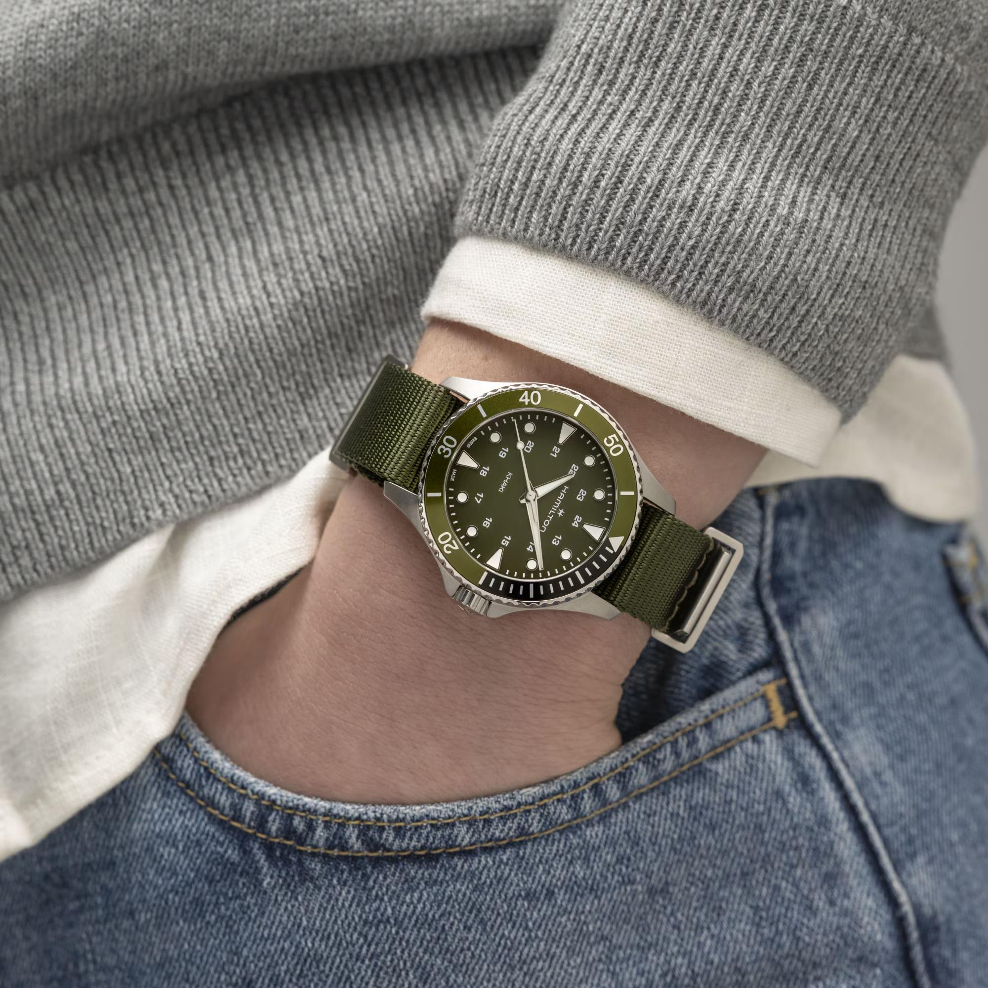 Hamilton Khaki Navy Scuba Quartz Green Dial NATO Strap Unisex Watch H82241961