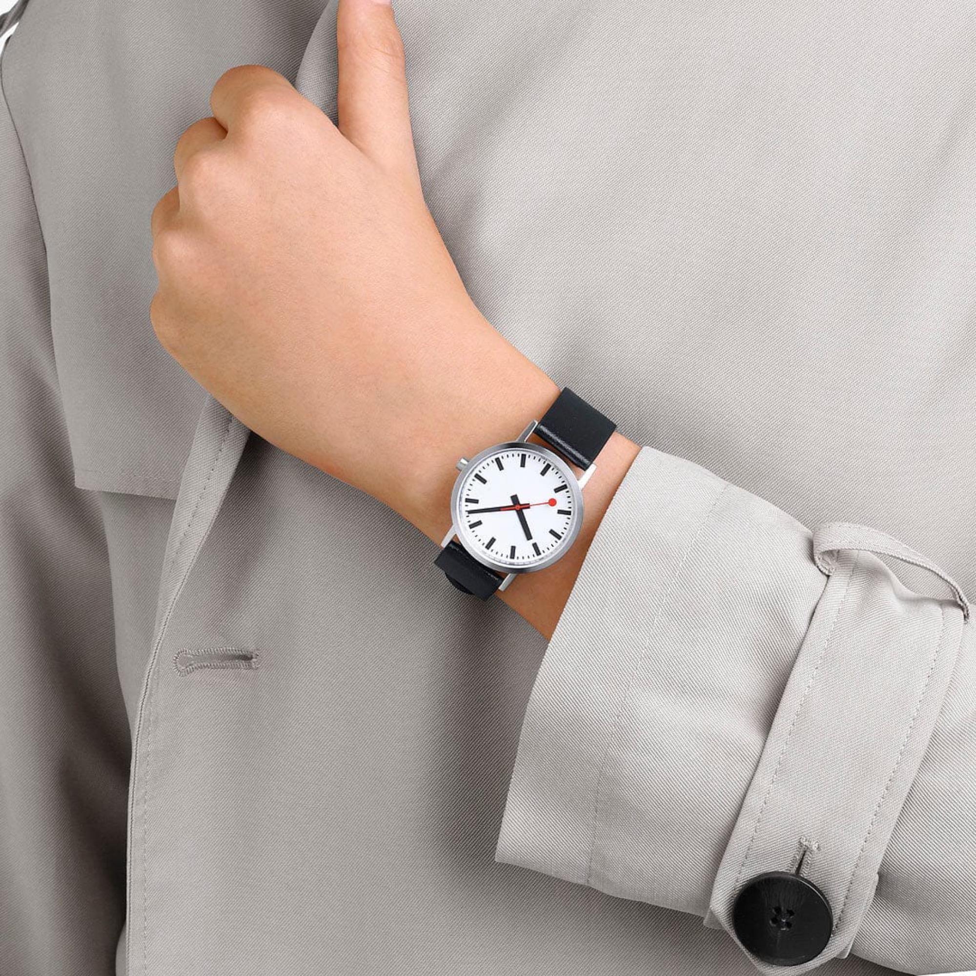 Mondaine Classic Quartz White Dial Black Leather Strap Women's Watch A660.30314.16OMV