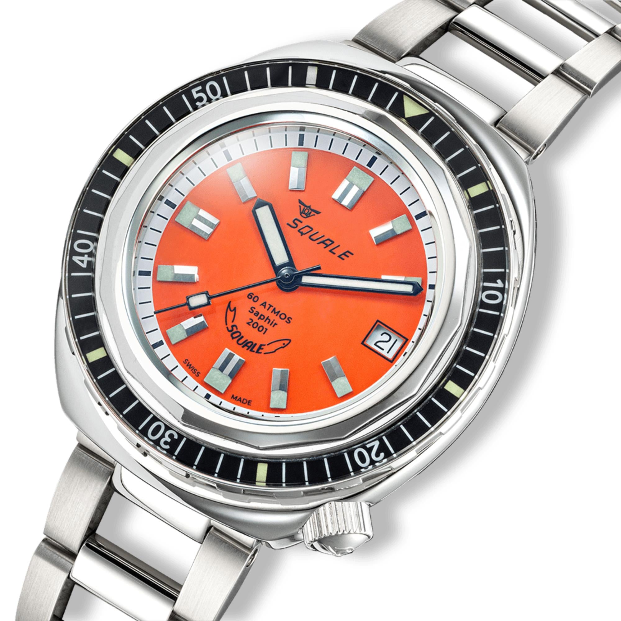 Squale 2001 Reverse Automatic Orange Dial Steel Strap Men's Watch 2001BKOR.AC