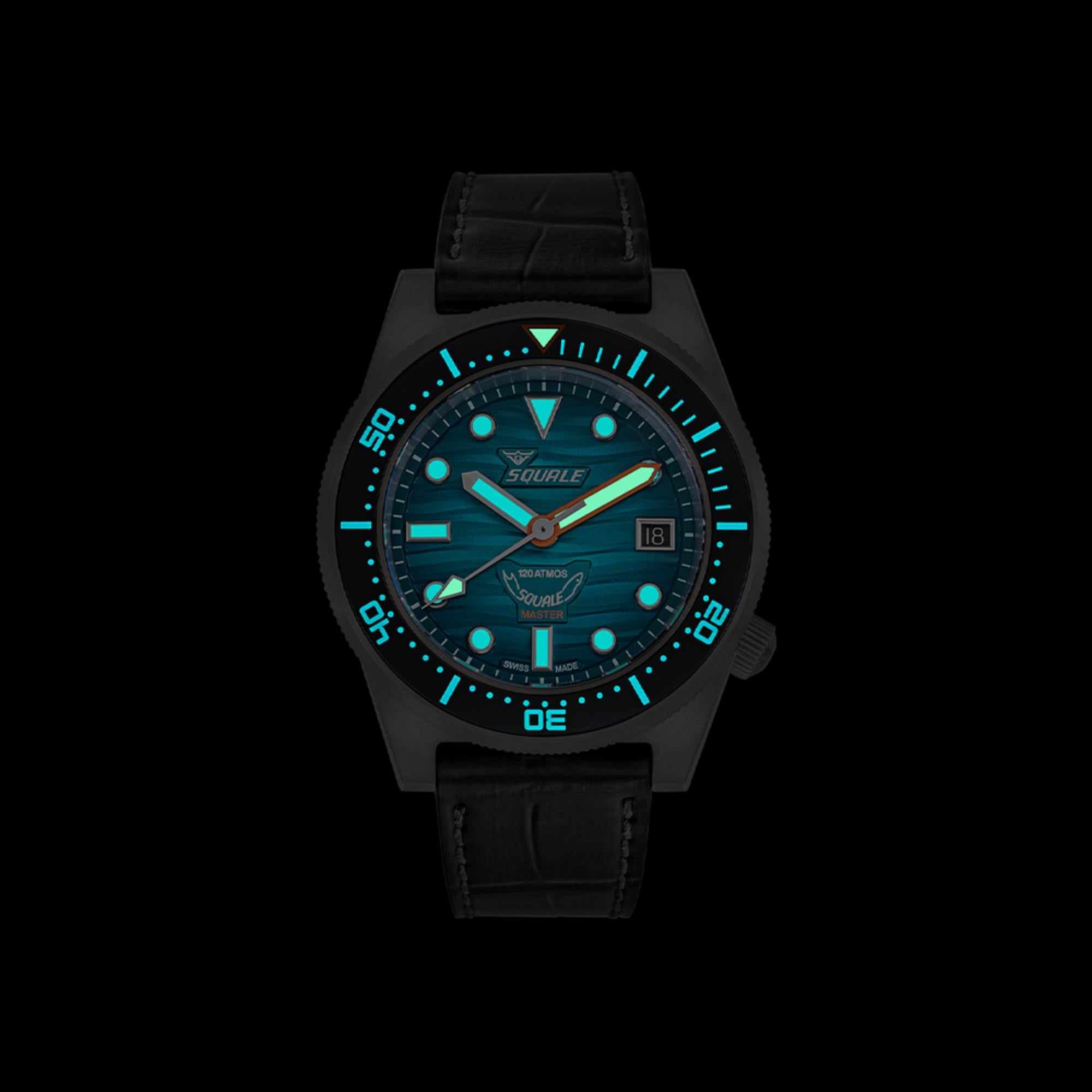 Squale Master Grand Vert Automatic Teal Dial Leather Strap Men's Watch MASTIBKGR.RAL