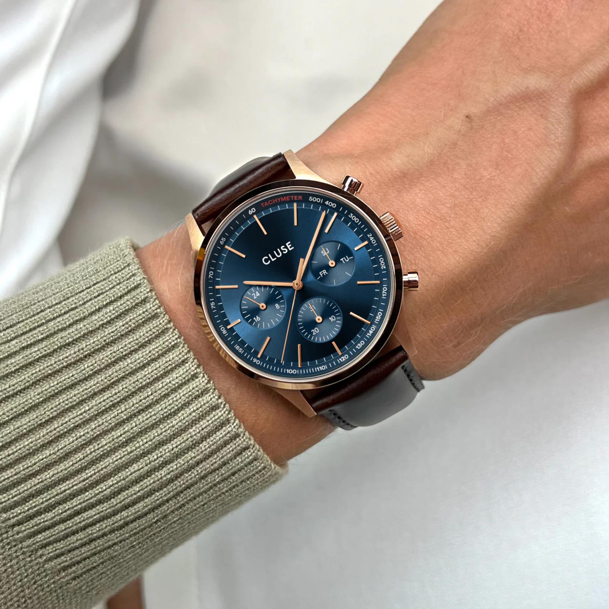 CLUSE Anthéor Quartz Chronograph Blue Dial Leather Strap Men's Watch CW21009