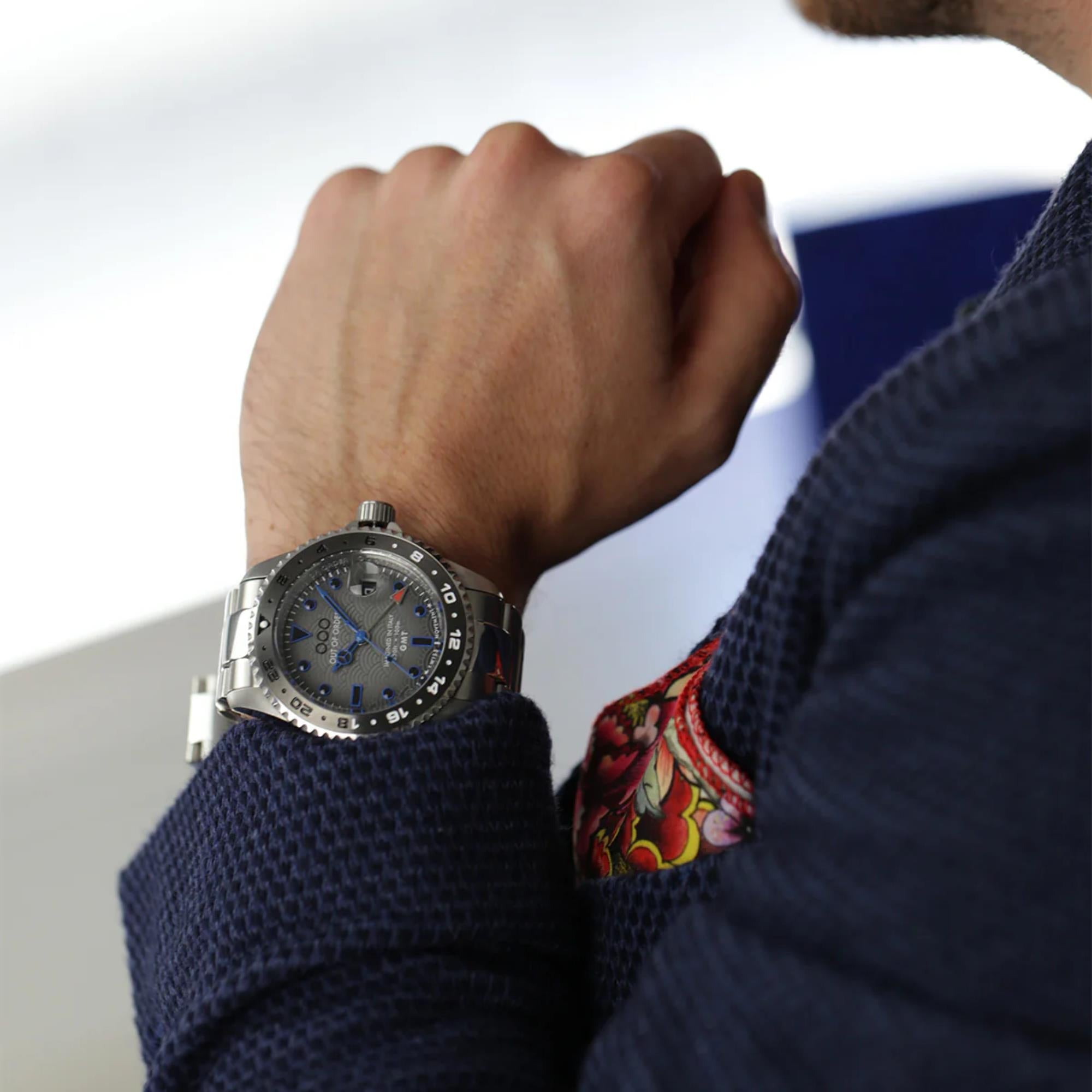 Out of Order Swiss GMT Tokyo Shibuya Ultra Brushed Grey Dial Steel Strap Men's Watch OOO.001-19.TS.SS