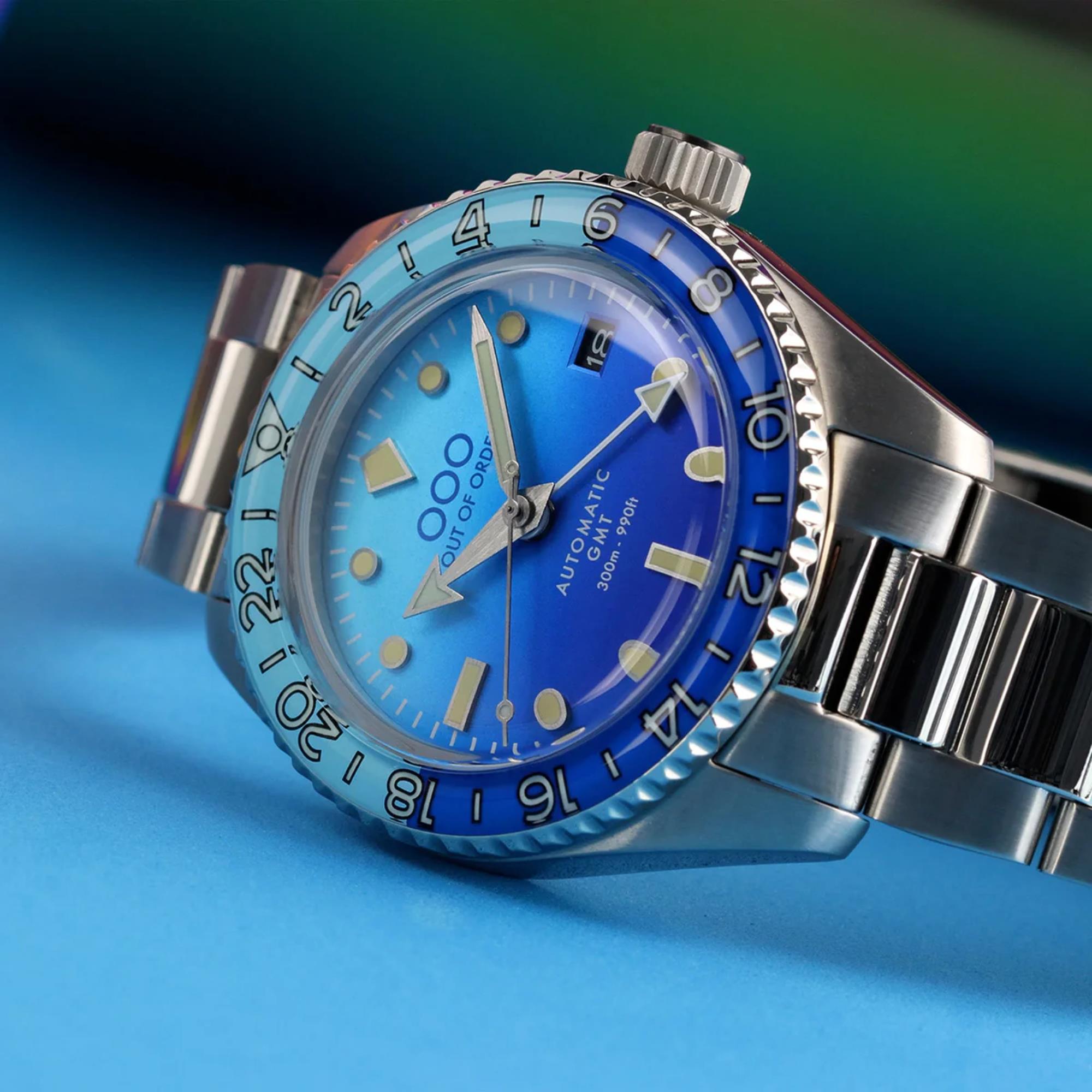 Out Of Order Bomba Blu Shaker Automatic GMT Ultra-Brushed Blue Dial Steel Strap Men's Watch OOO.001-25.BB.BAND.SS