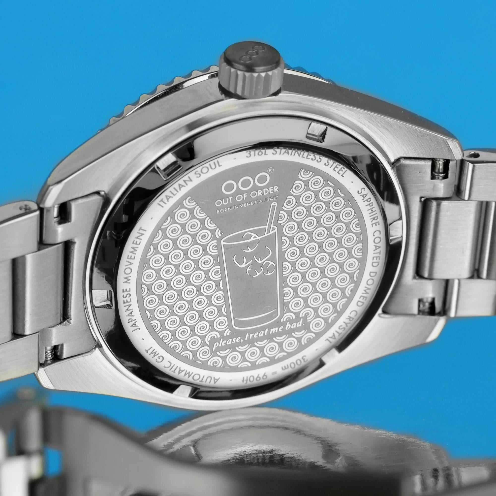 Out Of Order Bomba Blu Shaker Automatic GMT Ultra-Brushed Blue Dial Steel Strap Men's Watch OOO.001-25.BB.BAND.SS
