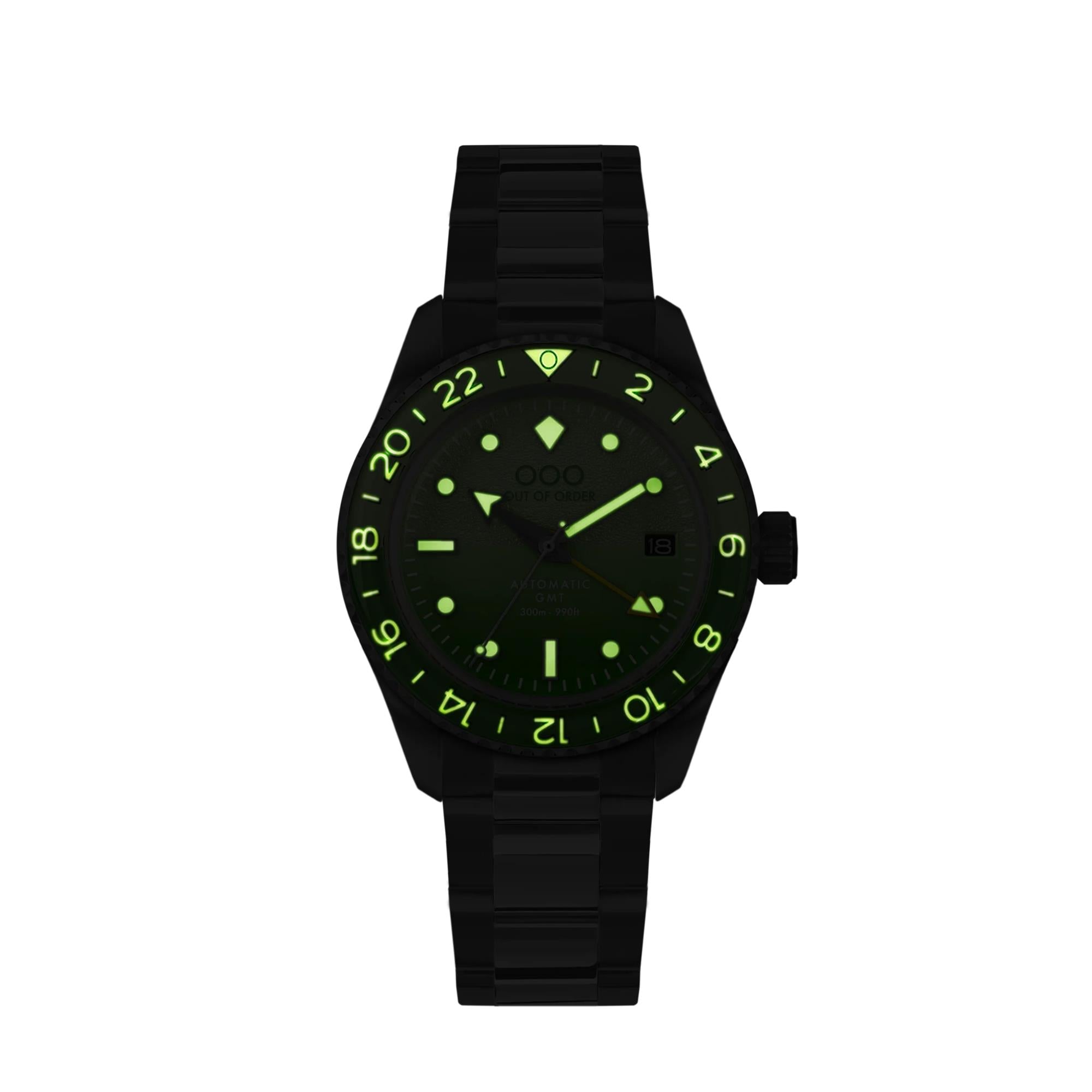 Out Of Order Midori Shaker Automatic GMT Ultra-Brushed Green Dial Steel Strap Men's Watch OOO.001-25.MI.BAND.SS