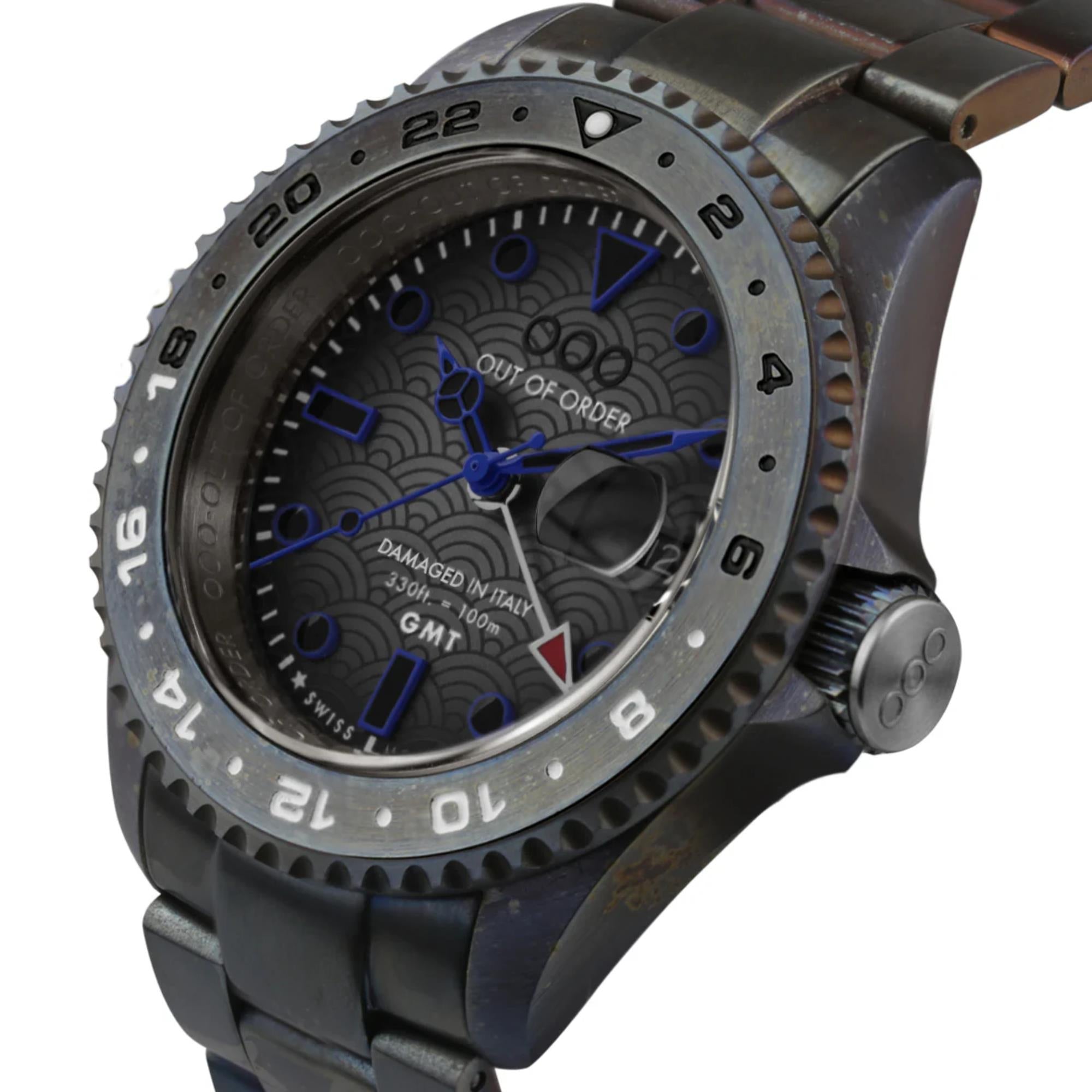 Out of Order GMT Tokyo Shibuya Swiss Made Ultra Distressed Dark Grey Dial Steel Strap Men's Watch OOO.001-19.TS