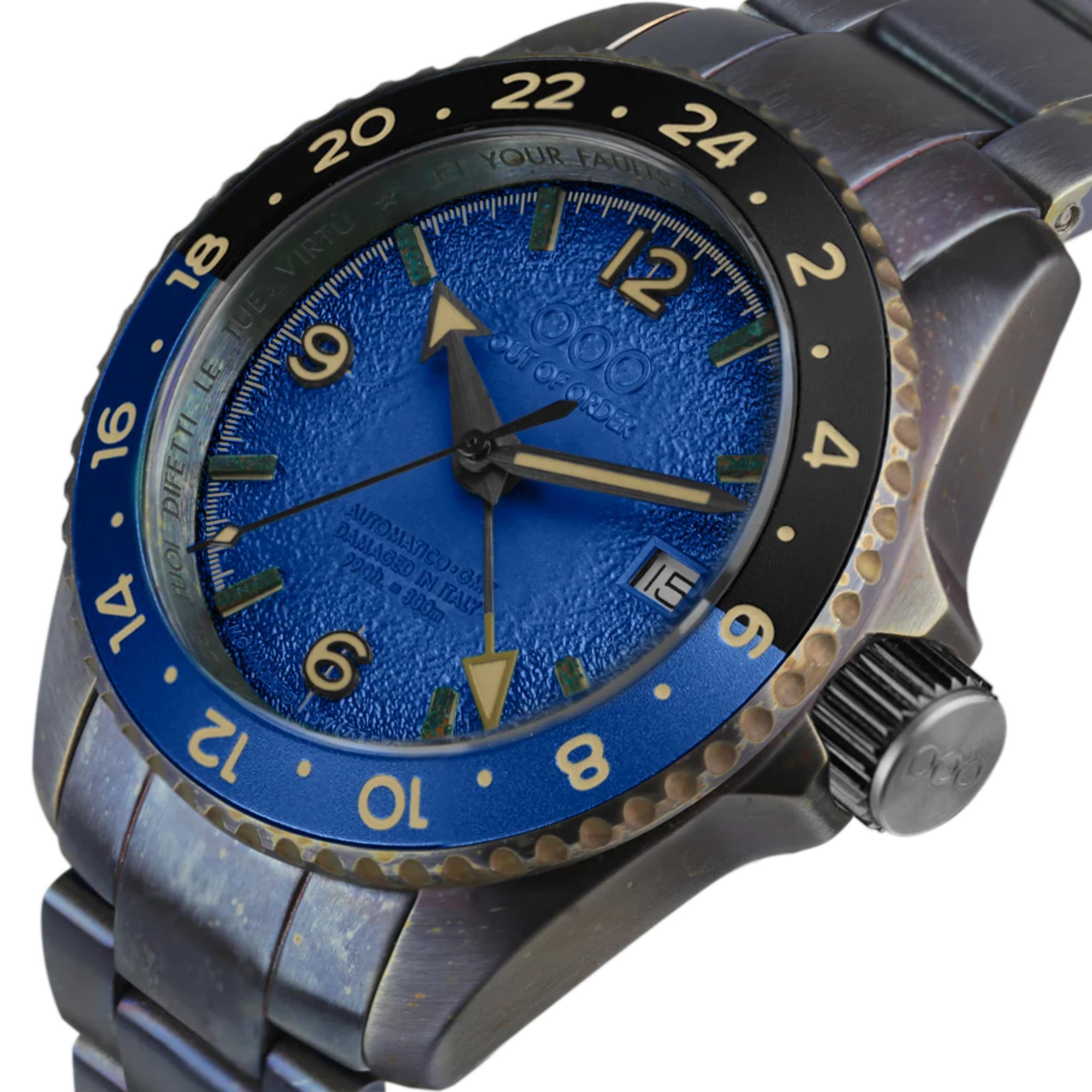Out Of Order Blue Trecento GMT Automatic Blue Dial Steel Stap Men's Watch OOO.001-24.BL