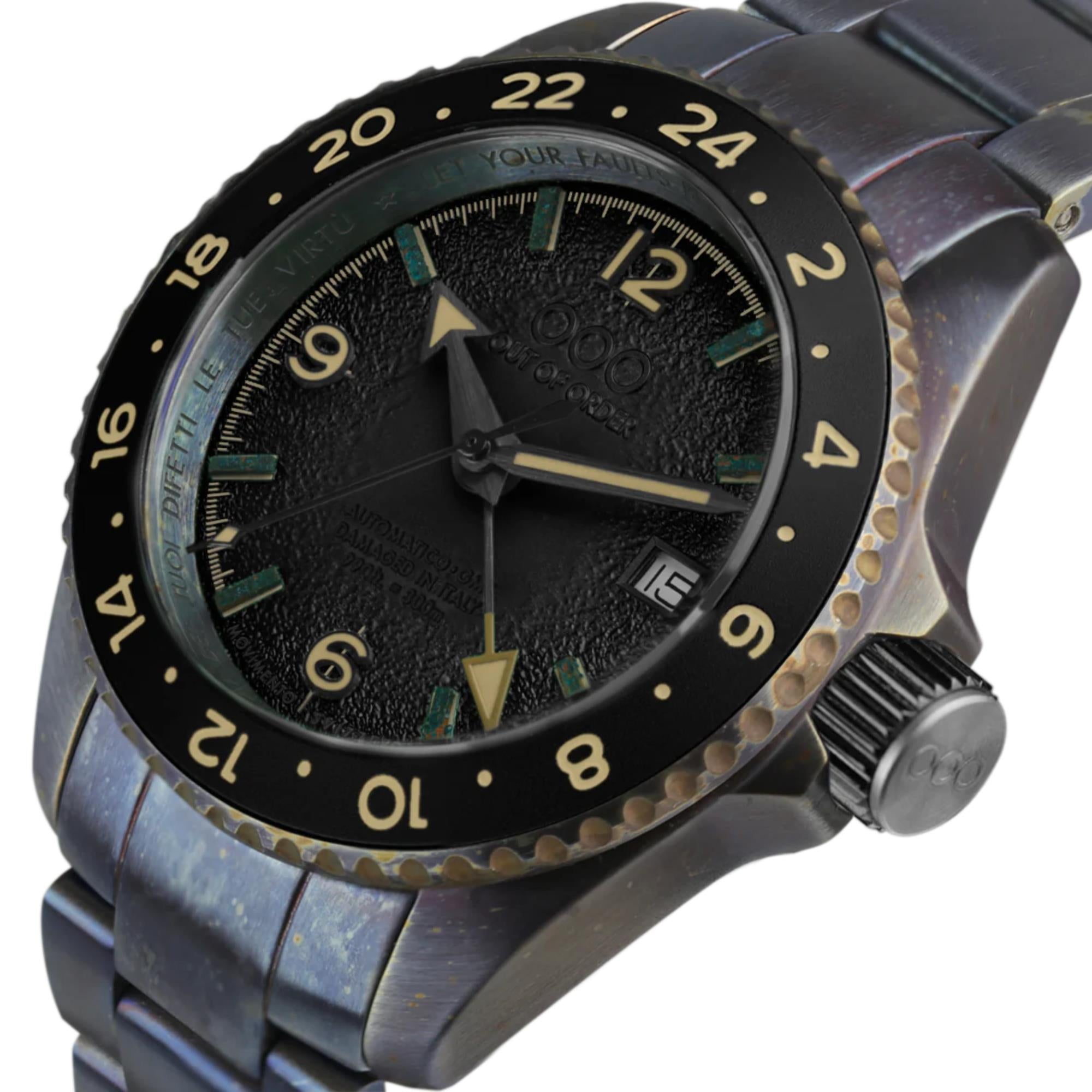 Out Of Order Black Trecento GMT Automatic Black Dial Steel Strap Men's Watch OOO.001-24.NE