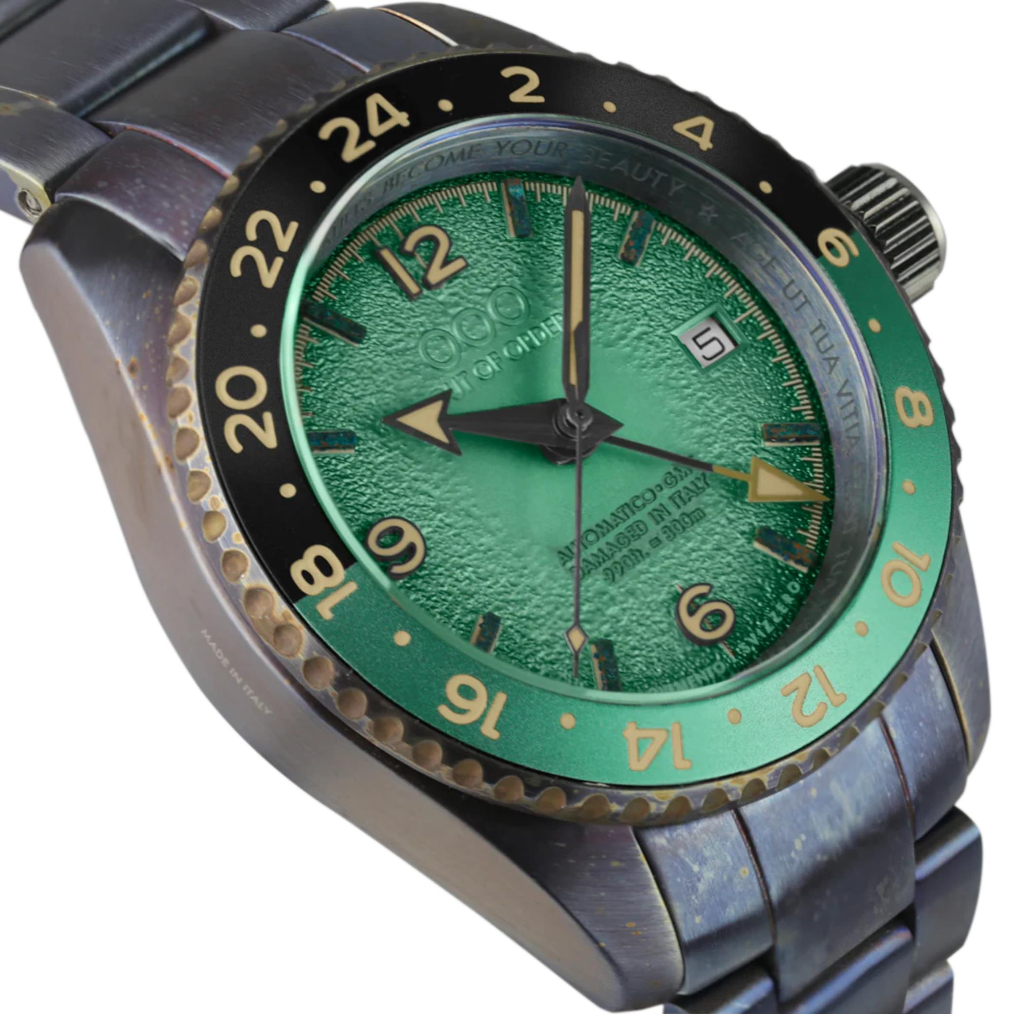 Out Of Order Green Trecento GMT Automatic Green Dial Steel Strap Men's Watch OOO.001-24.VE