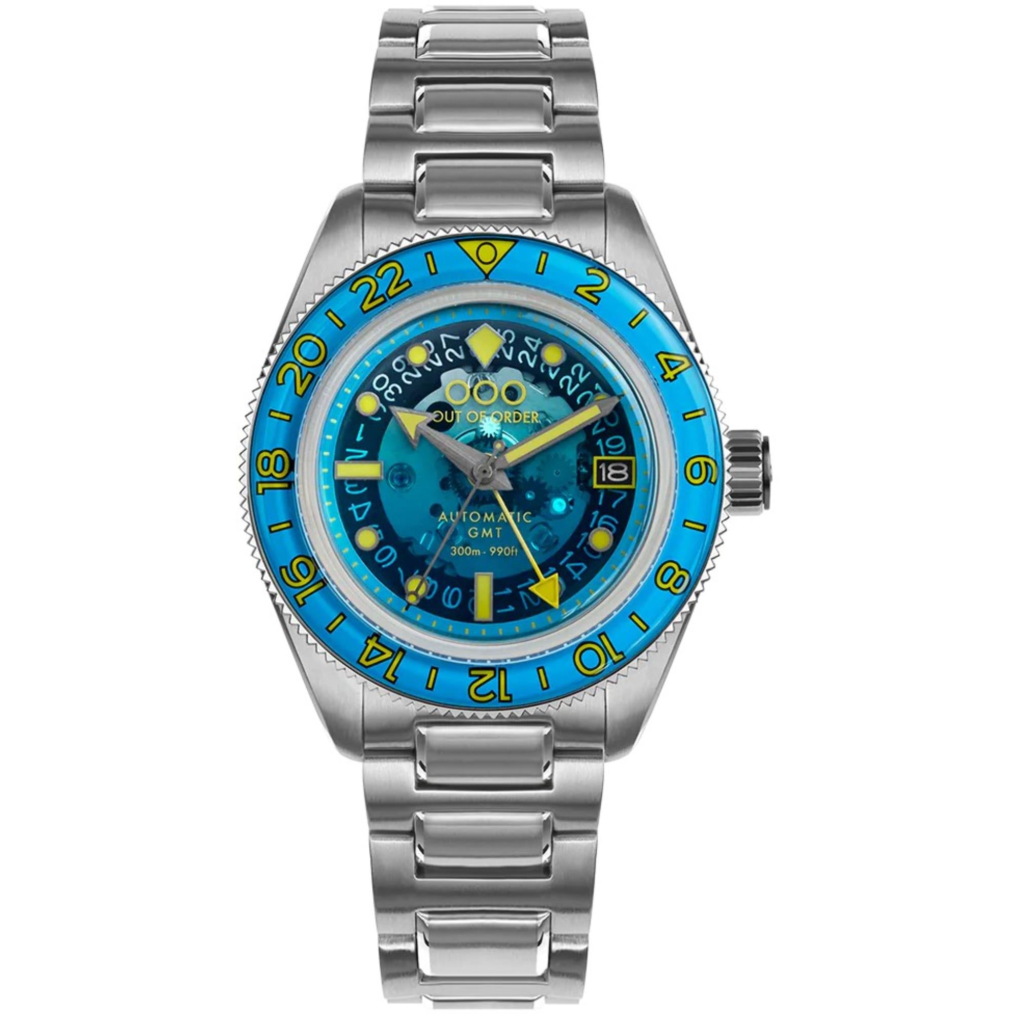 Out of Order Limited Edition Shaker Angelo Azzurro Automatic GMT Steel Strap Men's Watch OOO.001-25.AA.BAND.SS