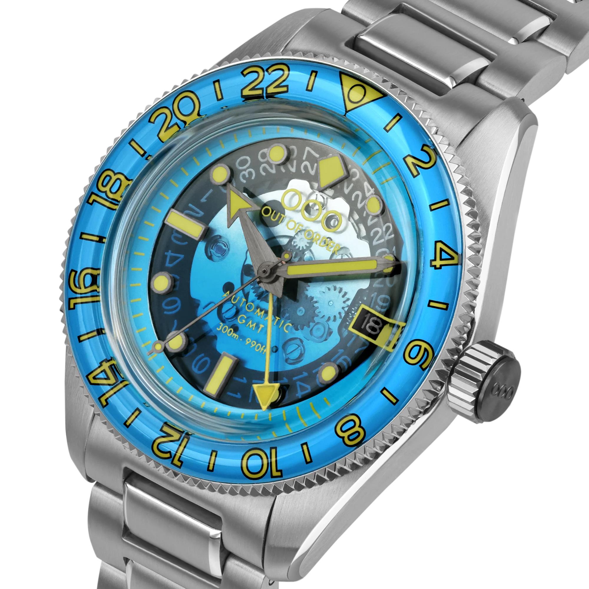 Out of Order Limited Edition Shaker Angelo Azzurro Automatic GMT Steel Strap Men's Watch OOO.001-25.AA.BAND.SS