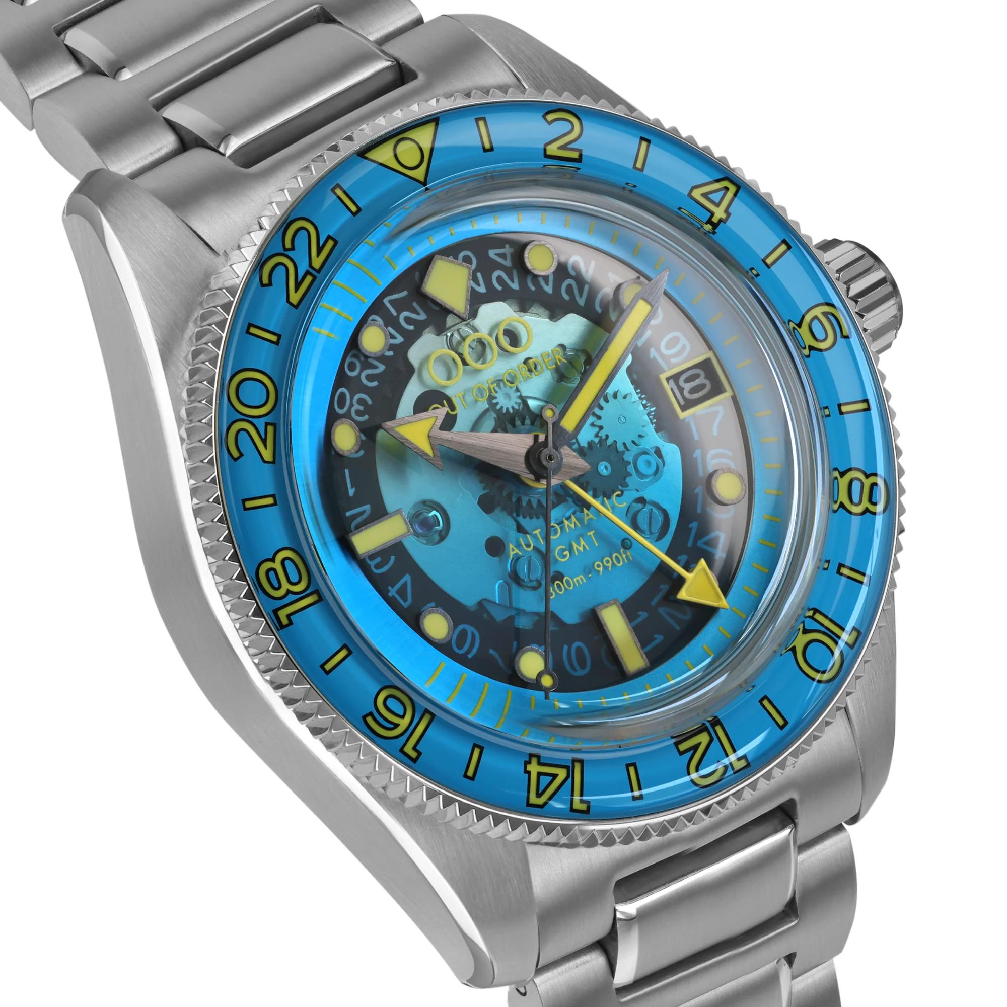 Out of Order Limited Edition Shaker Angelo Azzurro Automatic GMT Steel Strap Men's Watch OOO.001-25.AA.BAND.SS