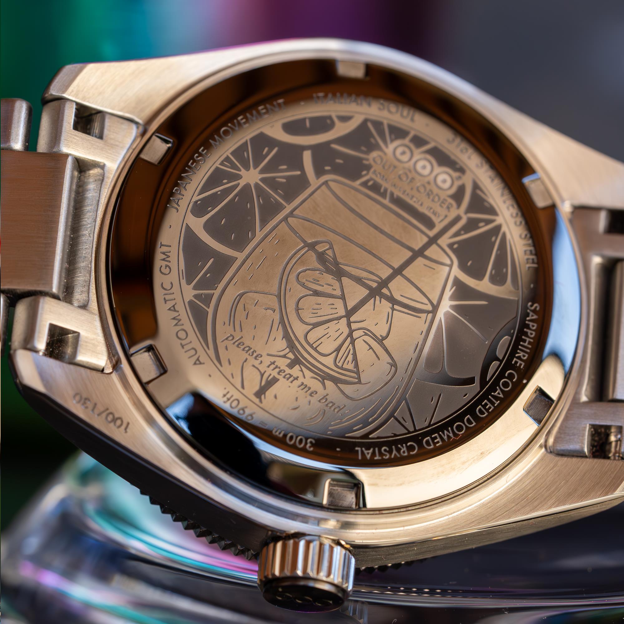 Out of Order Limited Edition Shaker Spritz Bitter Automatic GMT Steel Strap Men's Watch OOO.001-25.BI.BAND.SS