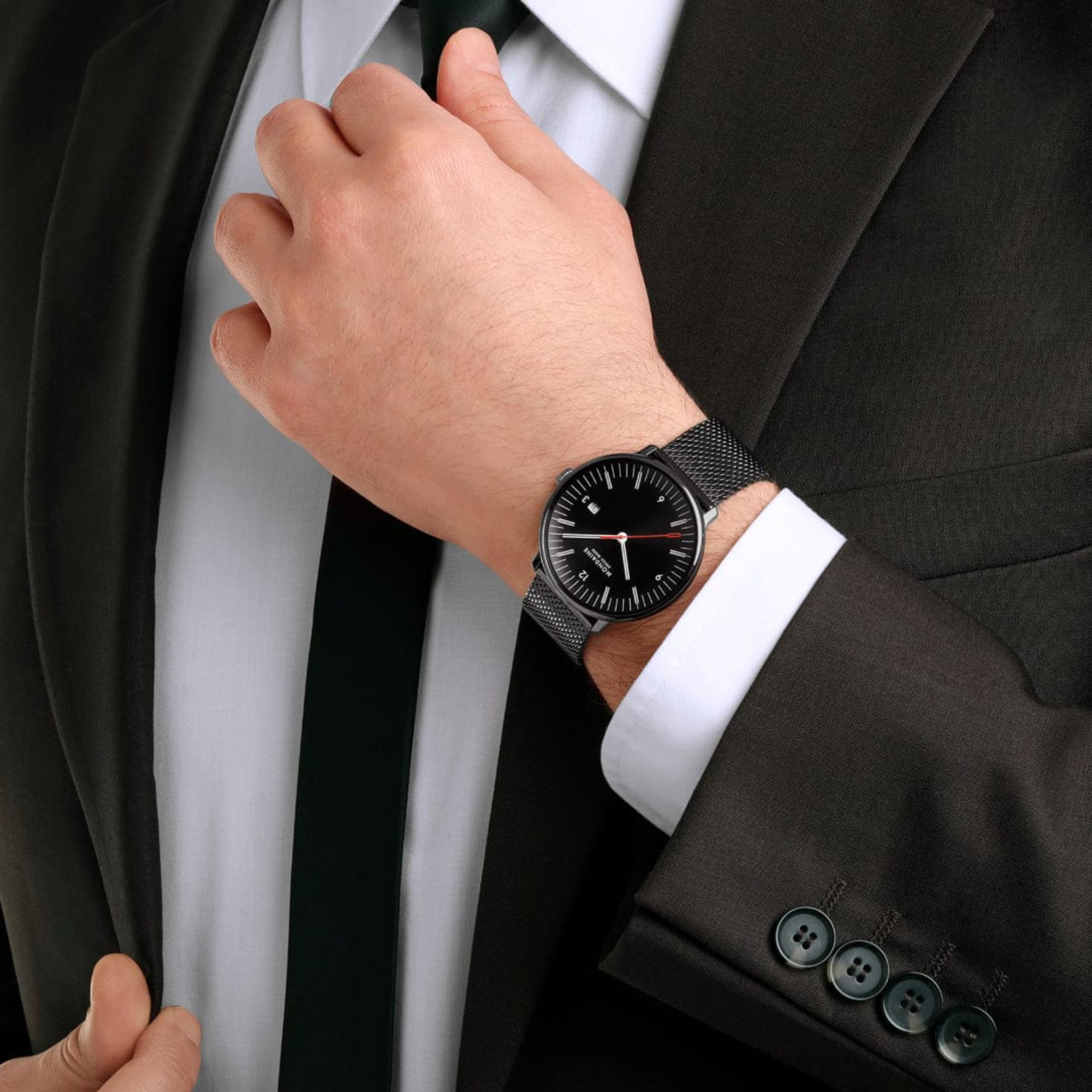 Mondaine Doppio Quartz Black Dial Steel Strap Men's Watch MLE.41220.SM