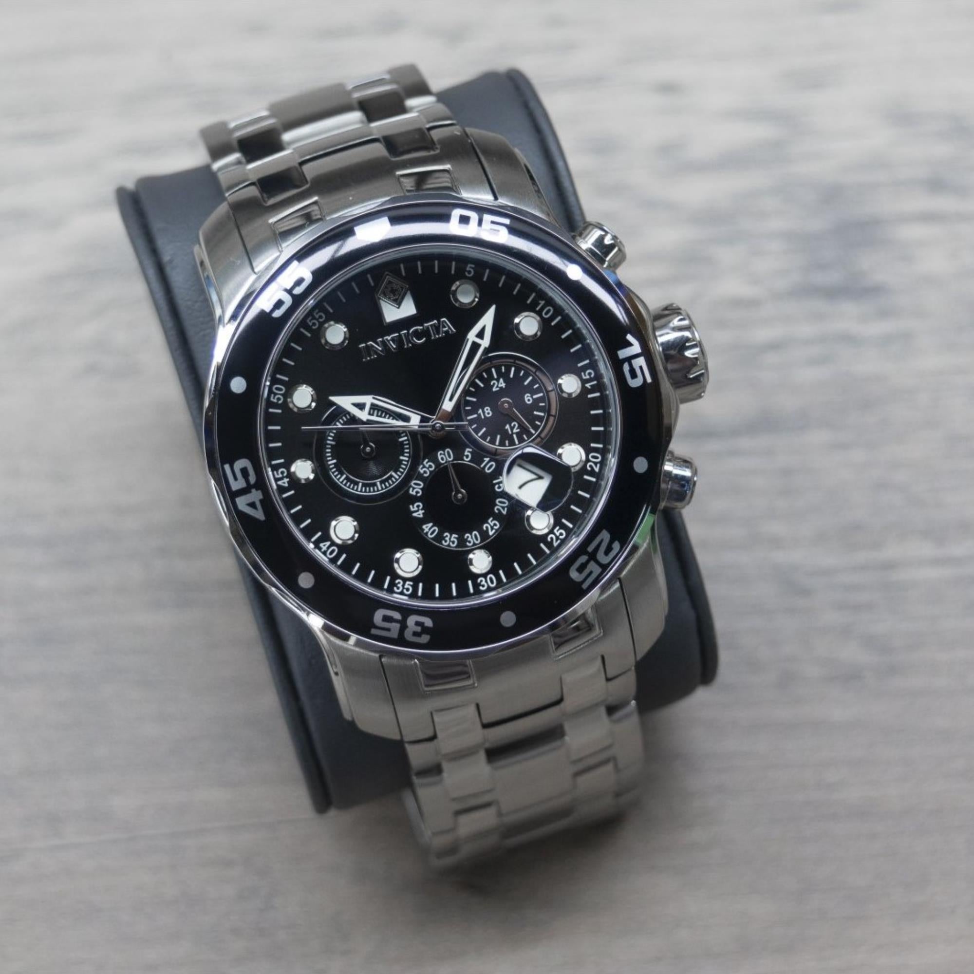 Invicta Pro Diver Scuba Quartz Chronograph Black Dial Steel Strap Men's Watch 0069