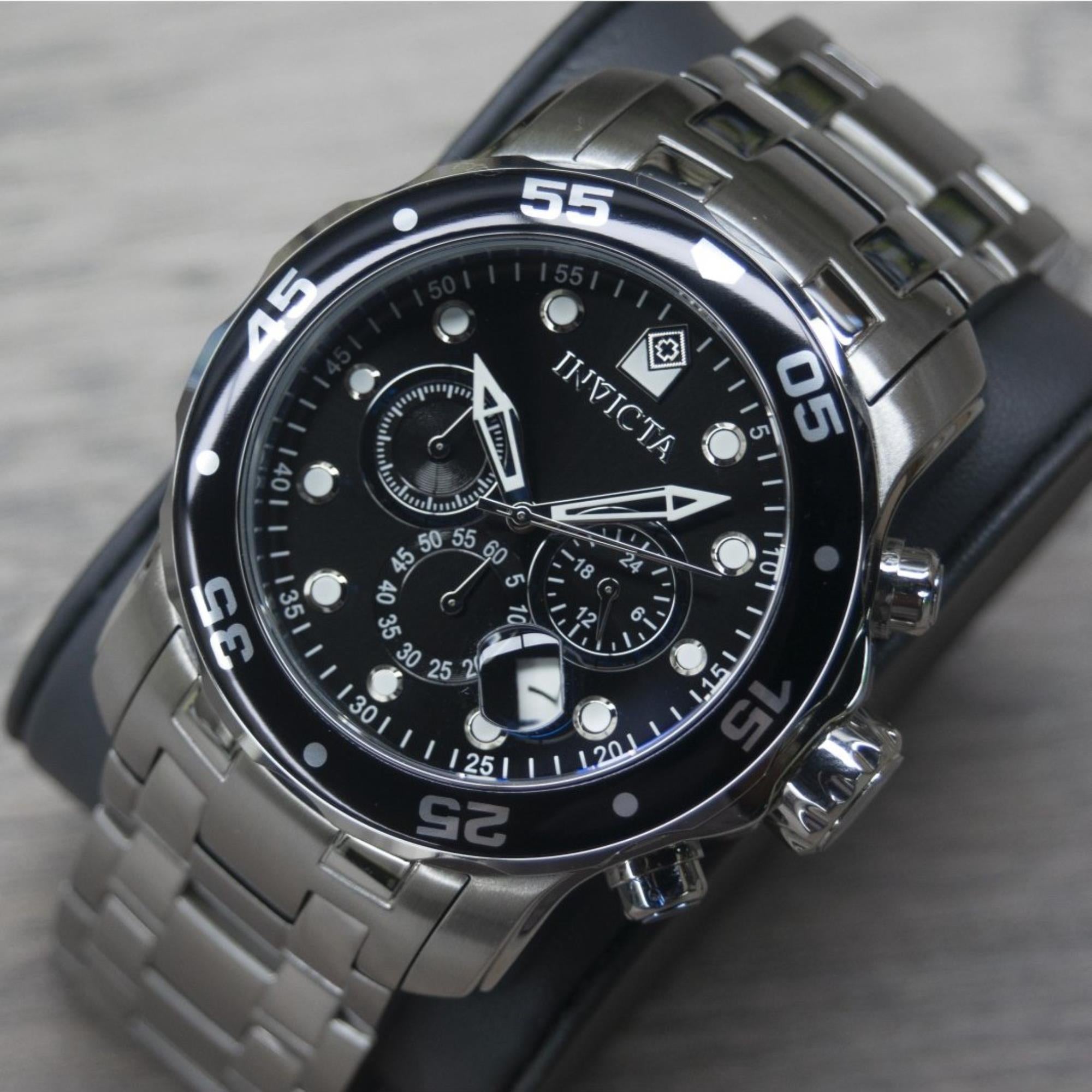 Invicta Pro Diver Scuba Quartz Chronograph Black Dial Steel Strap Men's Watch 0069