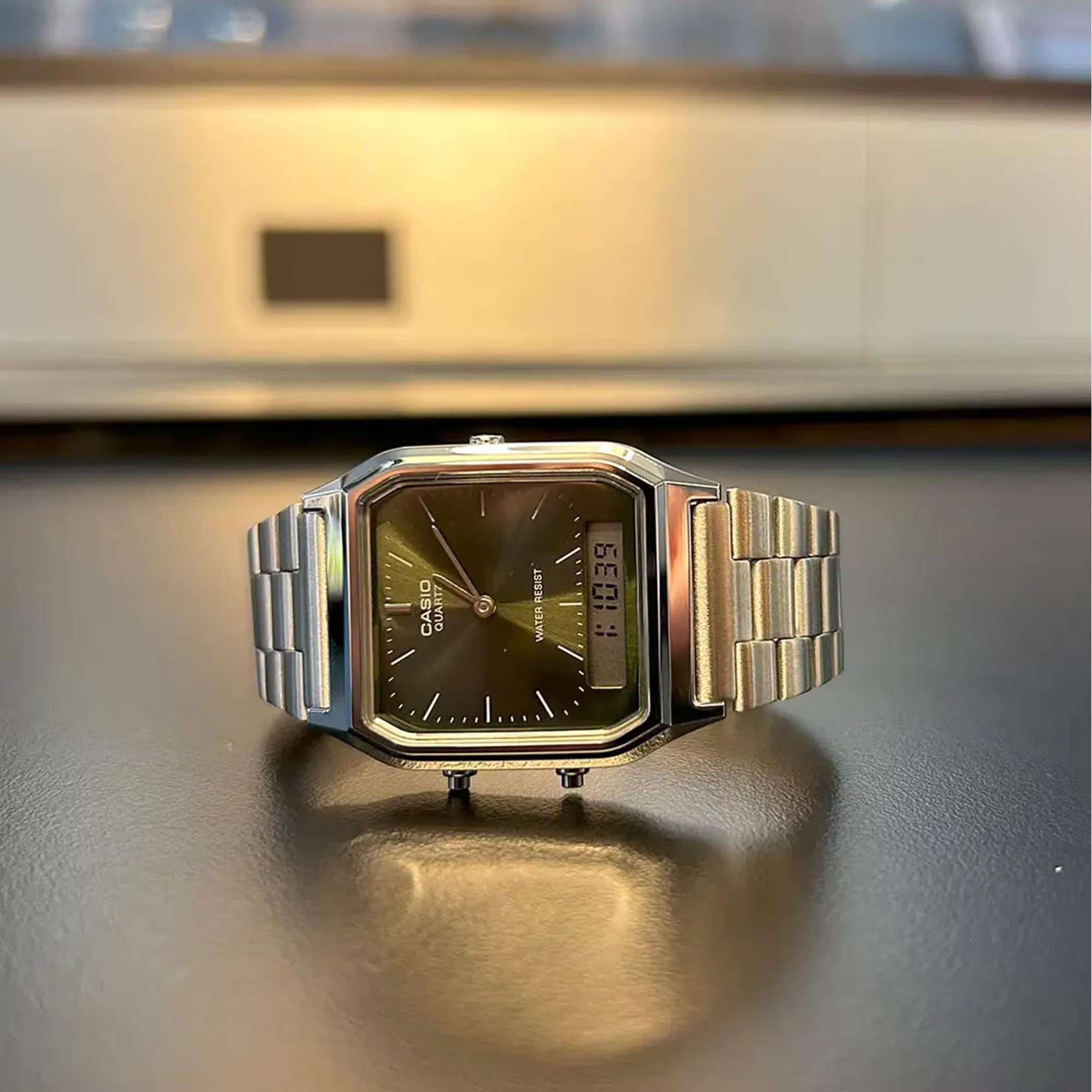 Casio Vintage Quartz Green Dial Steel Strap Unisex Watch AQ-230A-3AMQYES