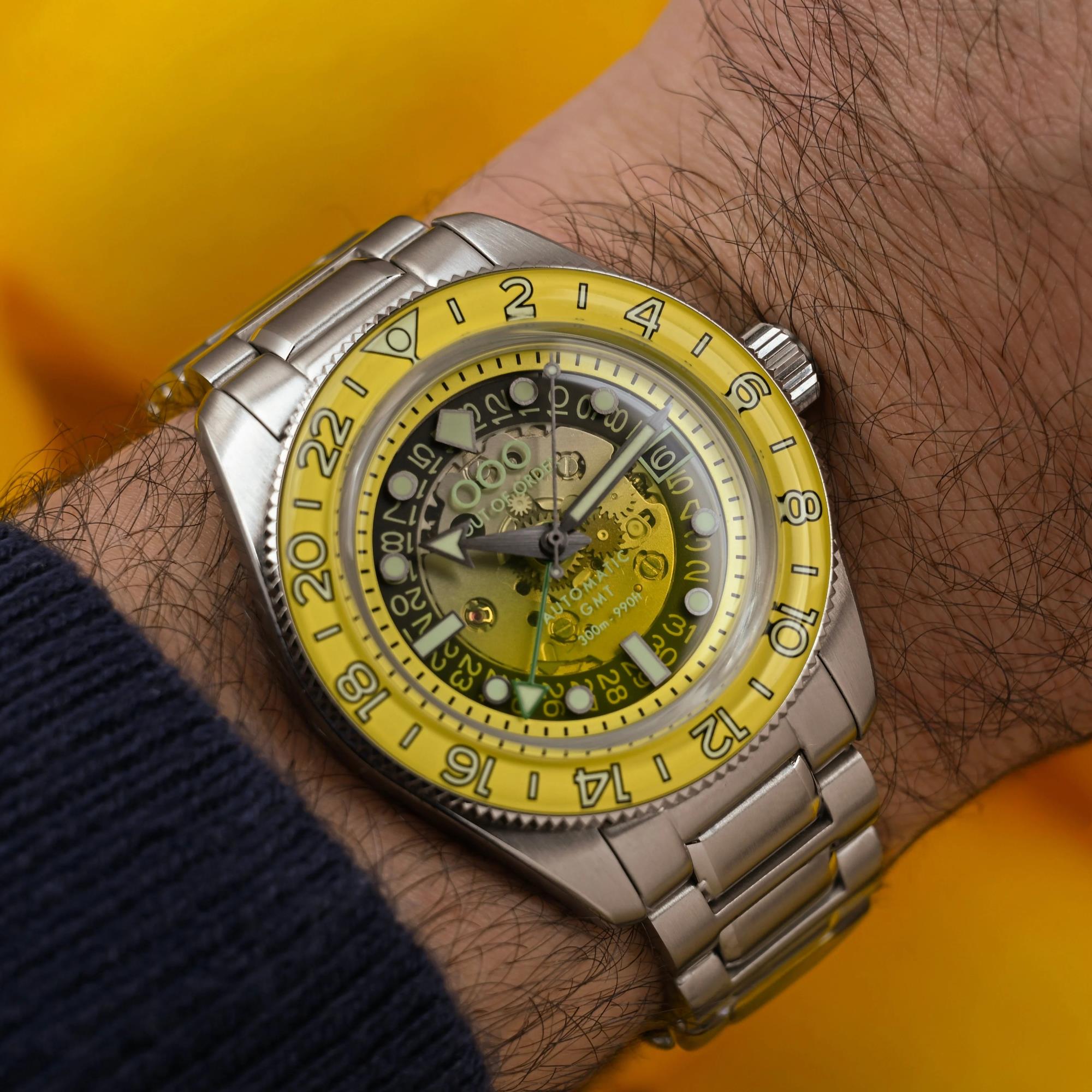 Out Of Order Limited Edition Shaker Limoncello Automatic GMT Steel Strap Men's Watch OOO.001-25.LC.BAND.SS