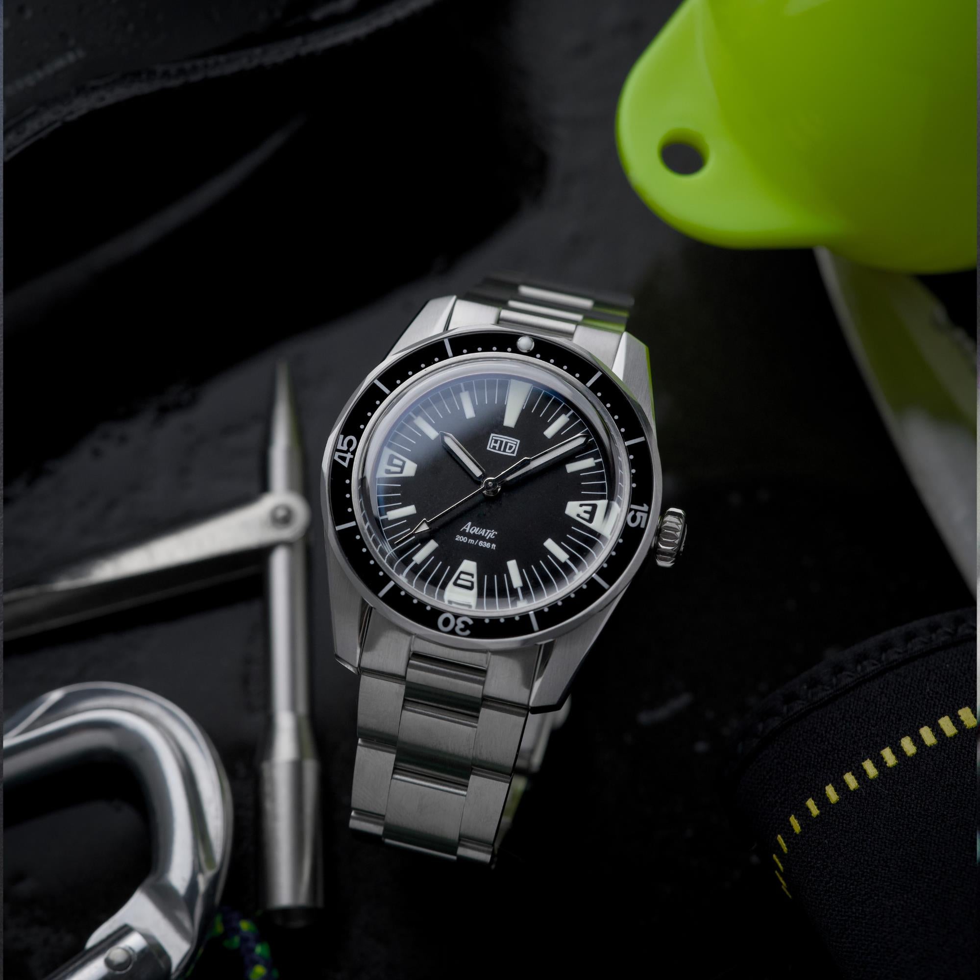 HTD Aquatic Spaceboy Automatic Black Dial Steel Strap Men's Watch A25F09S