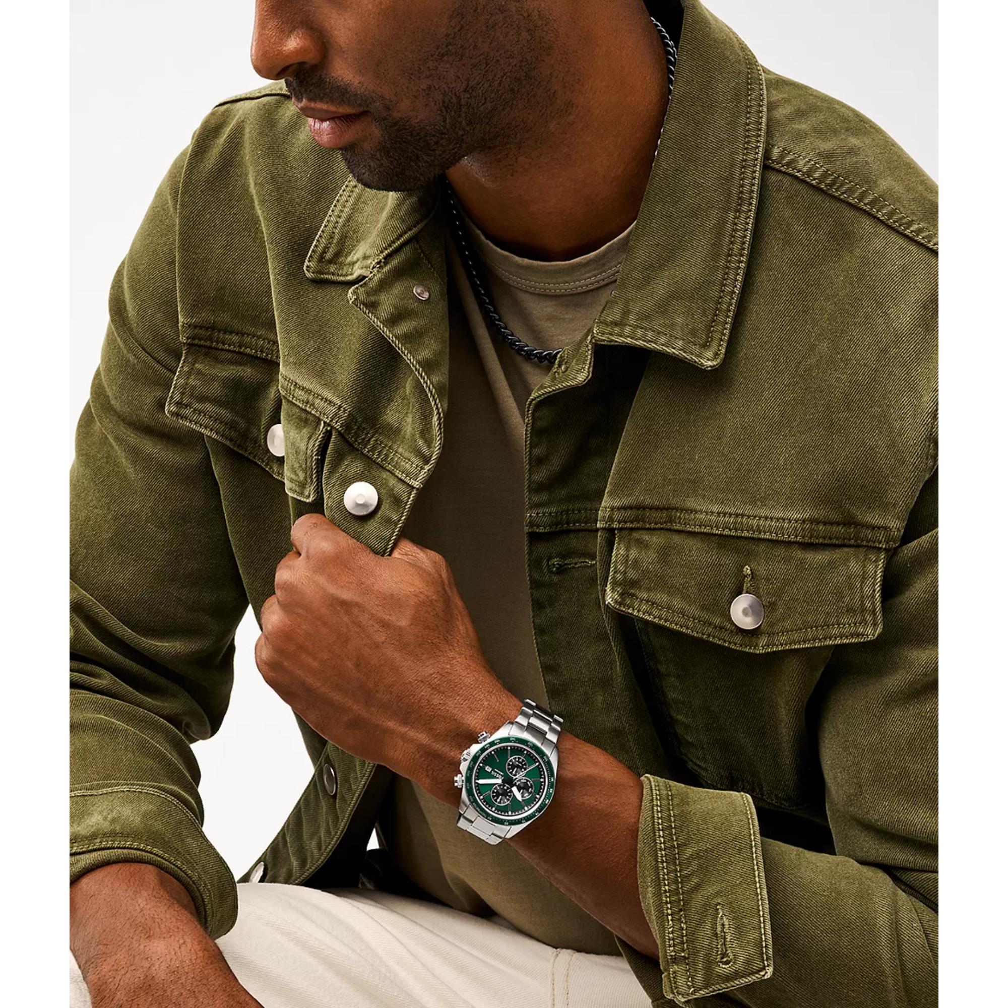 Fossil Autocross Quartz Chronograph Green Dial Steel Strap Men's Watch FS6127